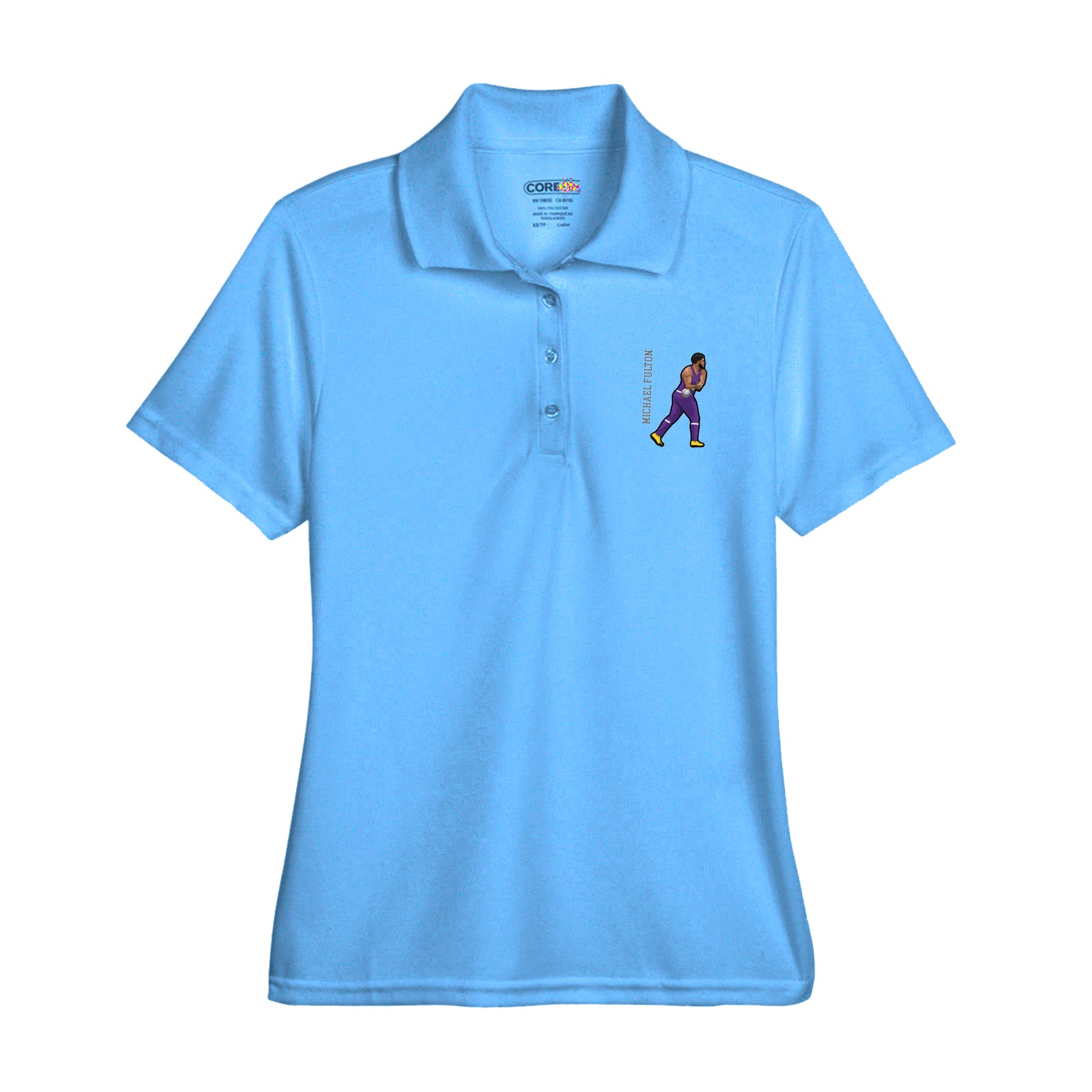 Womens Performance Polo — Name Vertical in Light Blue