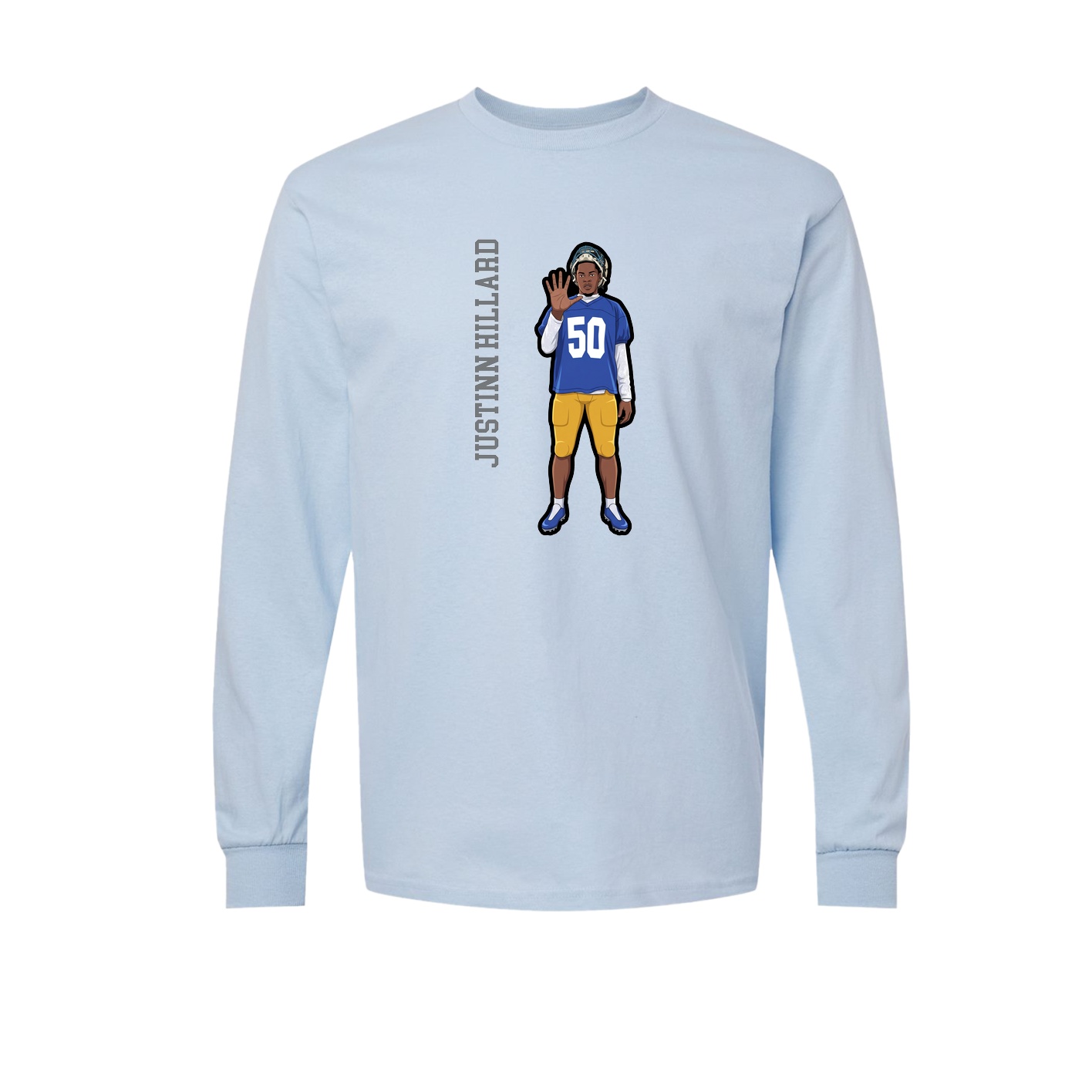 Long Sleeve Tee — Name Vertical in Light Blue