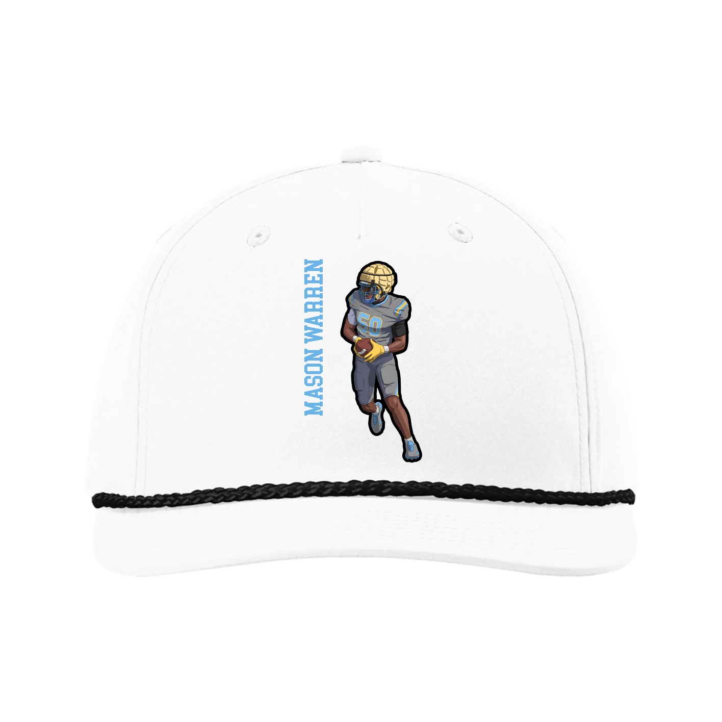 Five-Panel Classic Rope Cap — Name Vertical in White