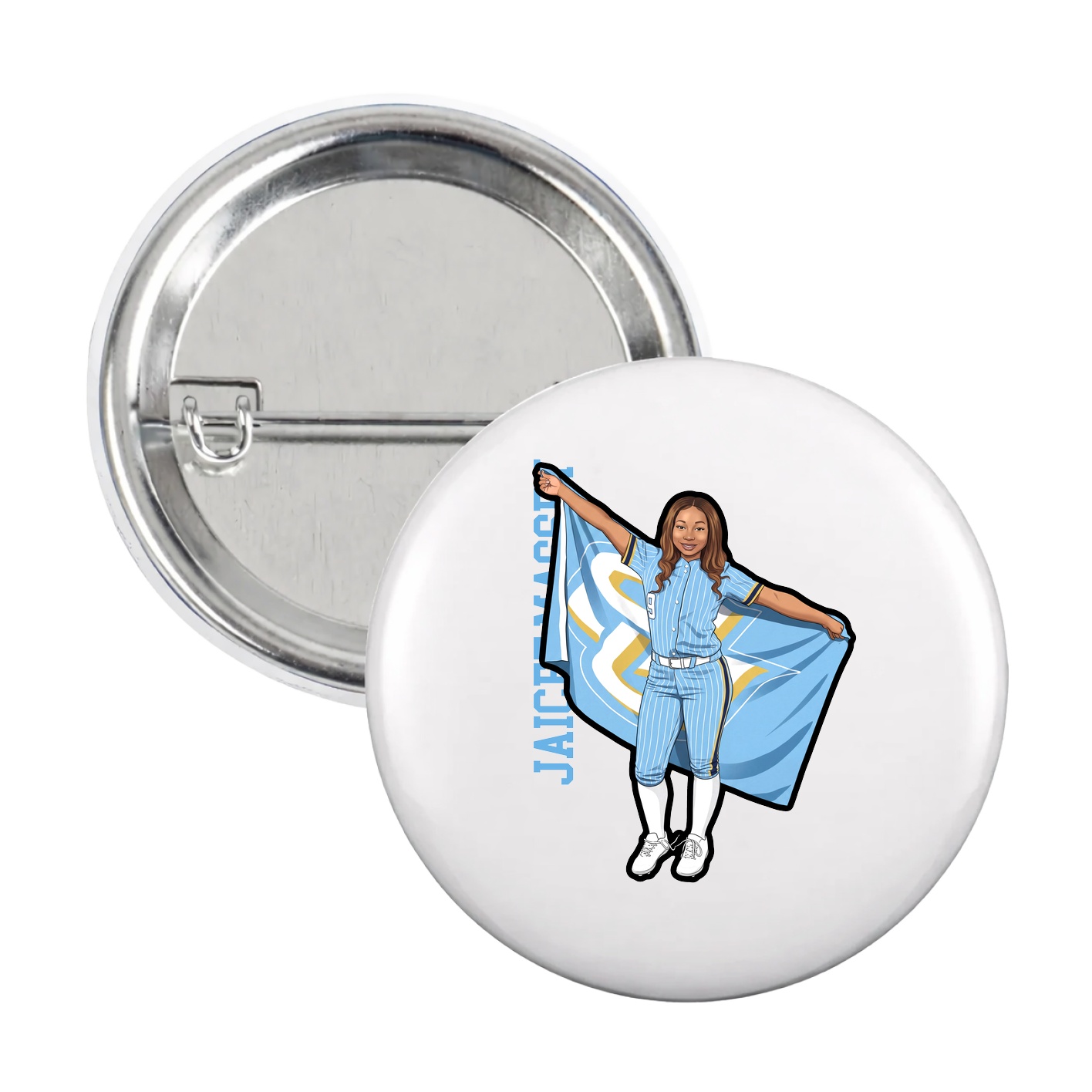 Game Day Button — Name Vertical in White