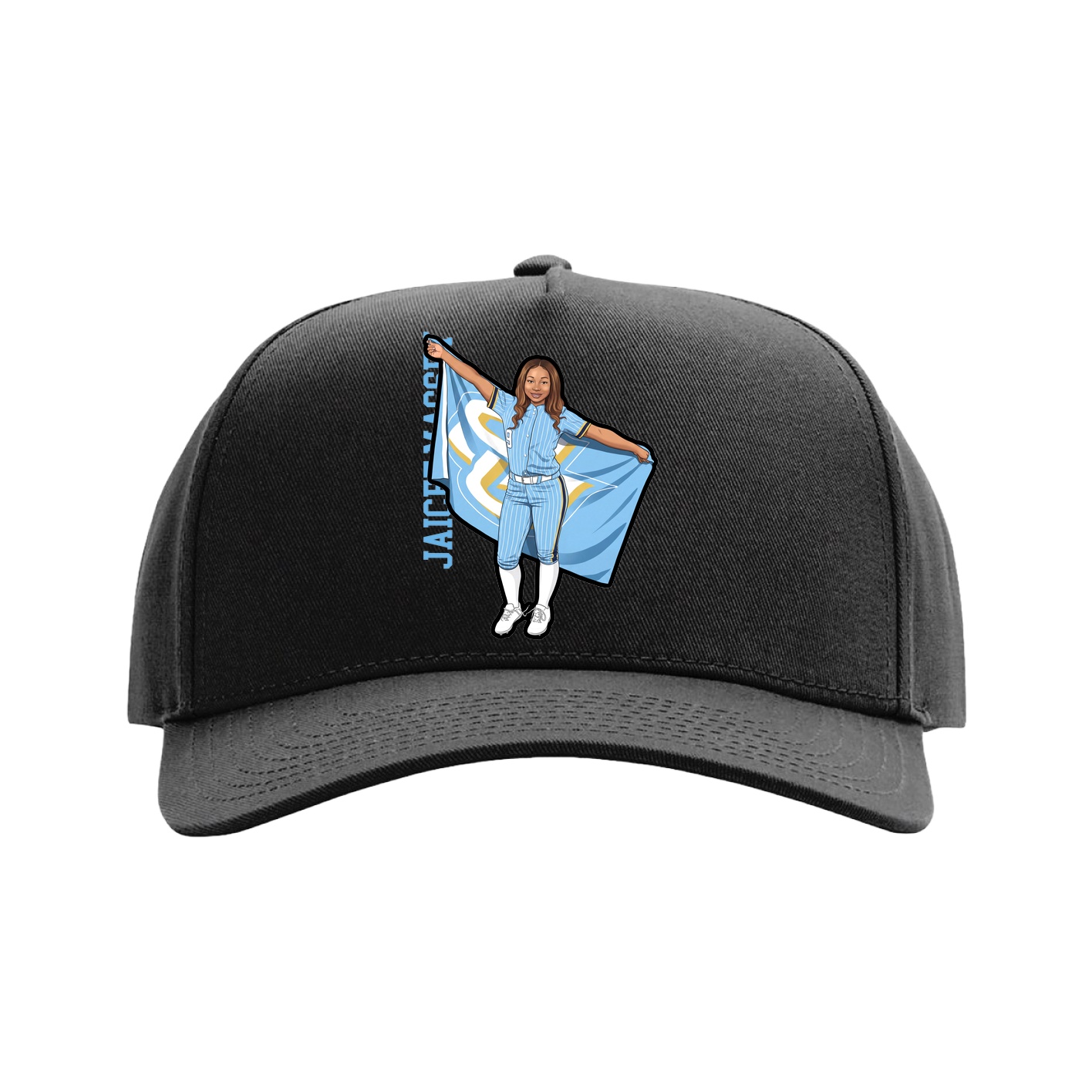 Full Fabric Five-Panel Champ Cap — Name Vertical in Black
