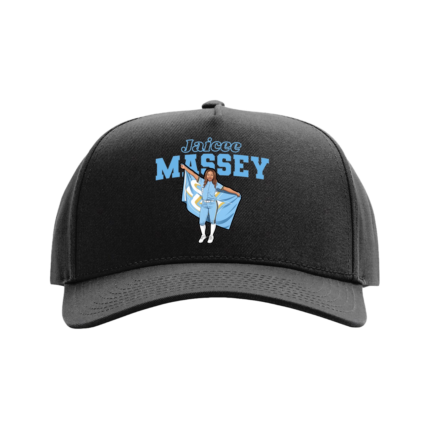 Full Fabric Five-Panel Champ Cap — Name Arch in Black