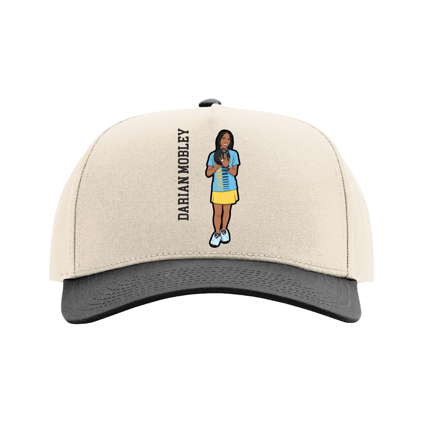 Full Fabric Five-Panel Champ Cap — Name Vertical in Cream/Black