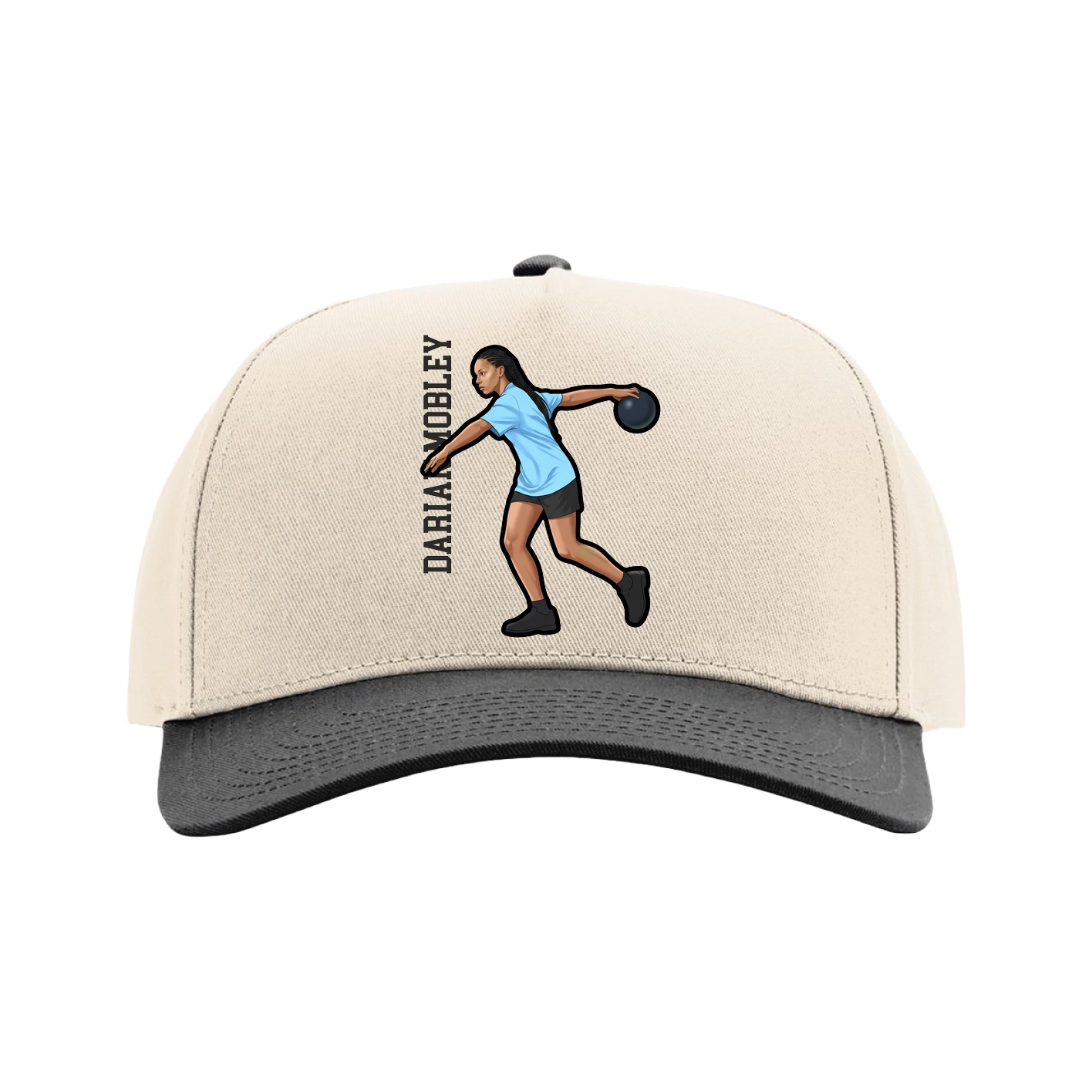 Full Fabric Five-Panel Champ Cap — Name Vertical in Cream/Black