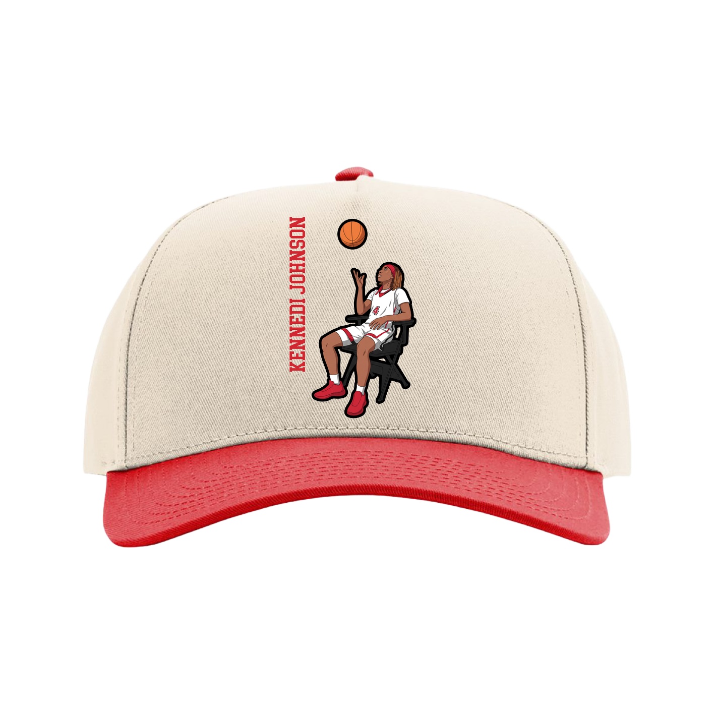 Full Fabric Five-Panel Champ Cap — Name Vertical in Cream/Red