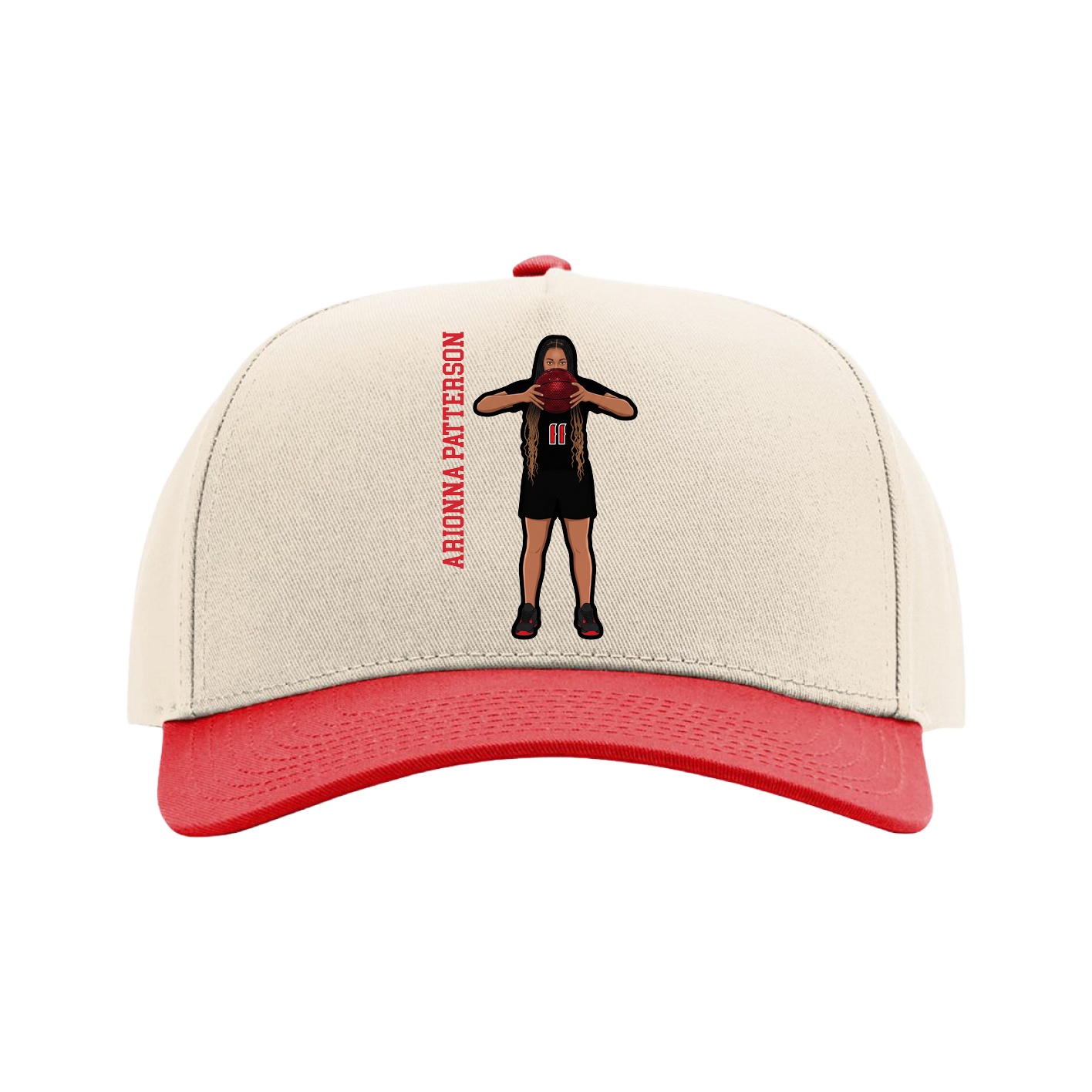 Full Fabric Five-Panel Champ Cap — Name Vertical in Cream/Red