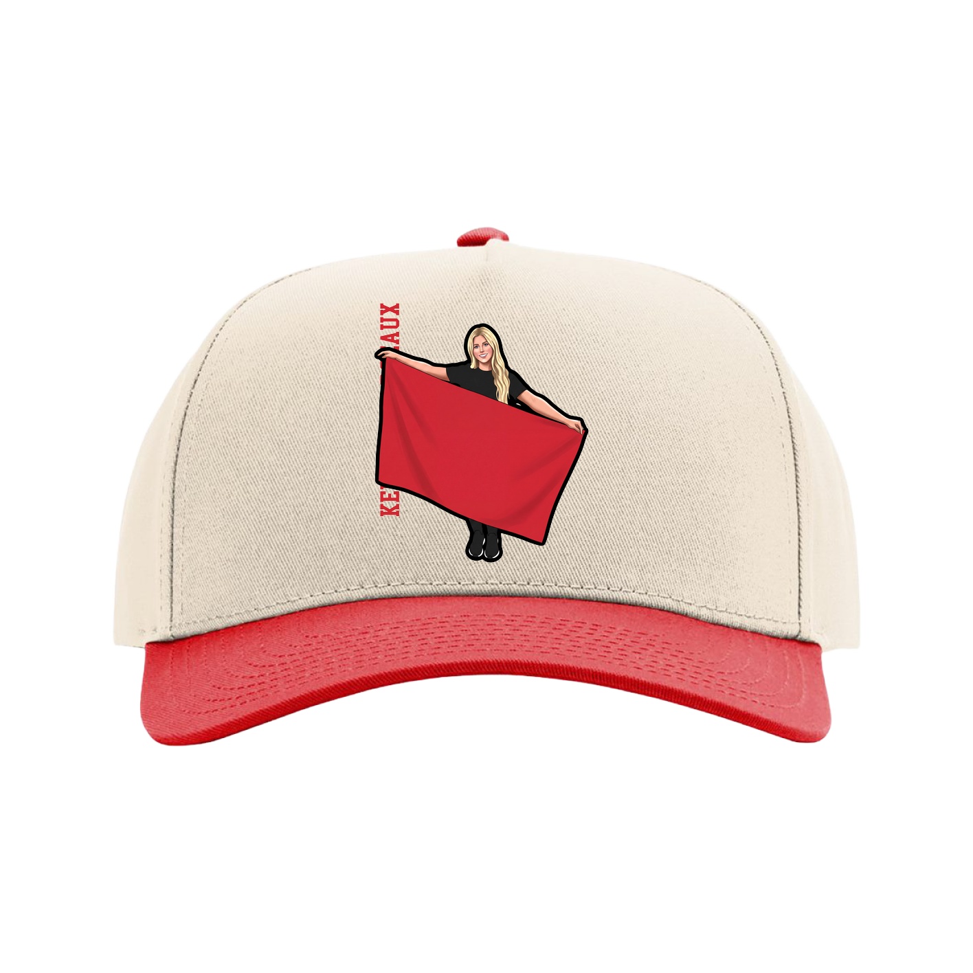 Full Fabric Five-Panel Champ Cap — Name Vertical in Cream/Red