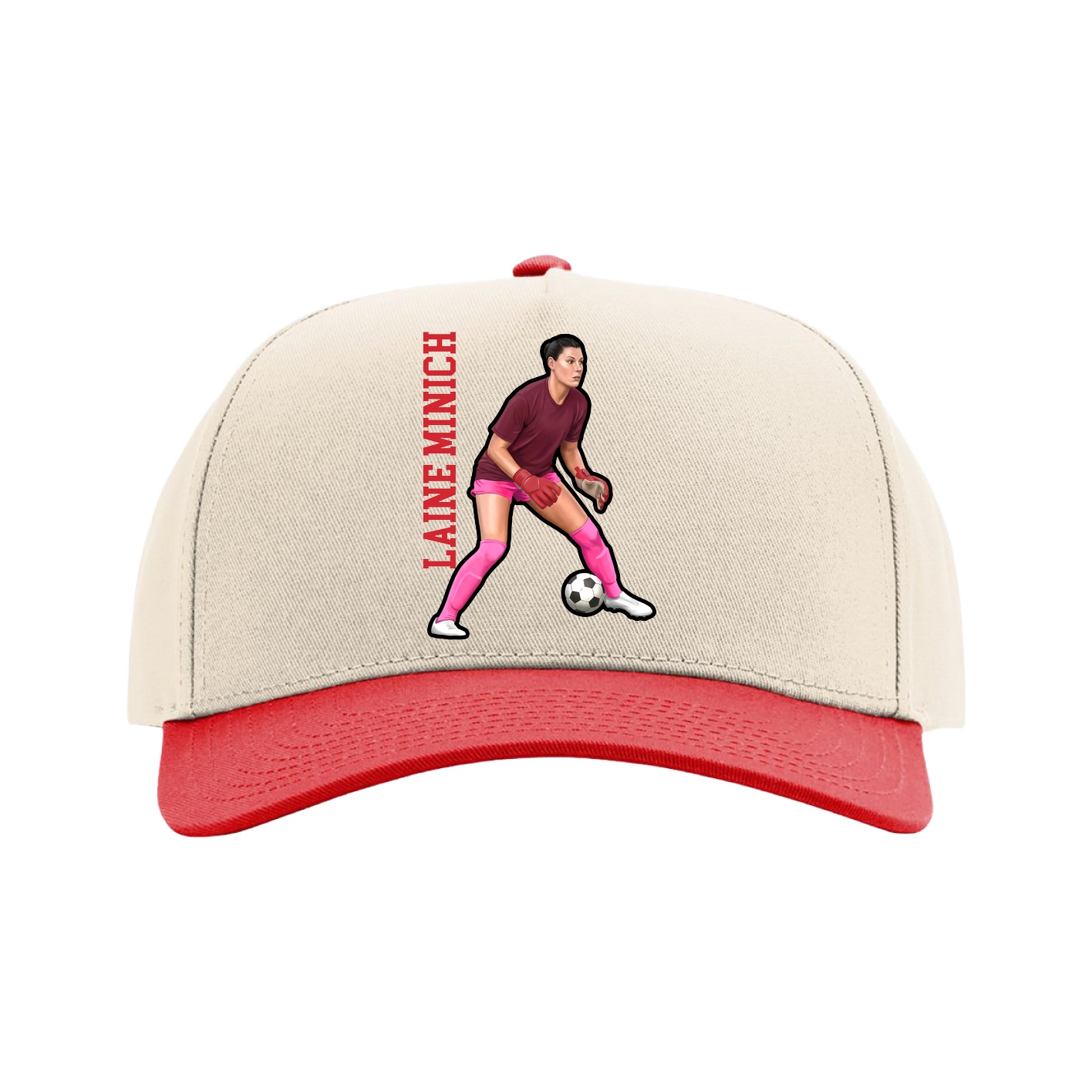 Full Fabric Five-Panel Champ Cap — Name Vertical in Cream/Red