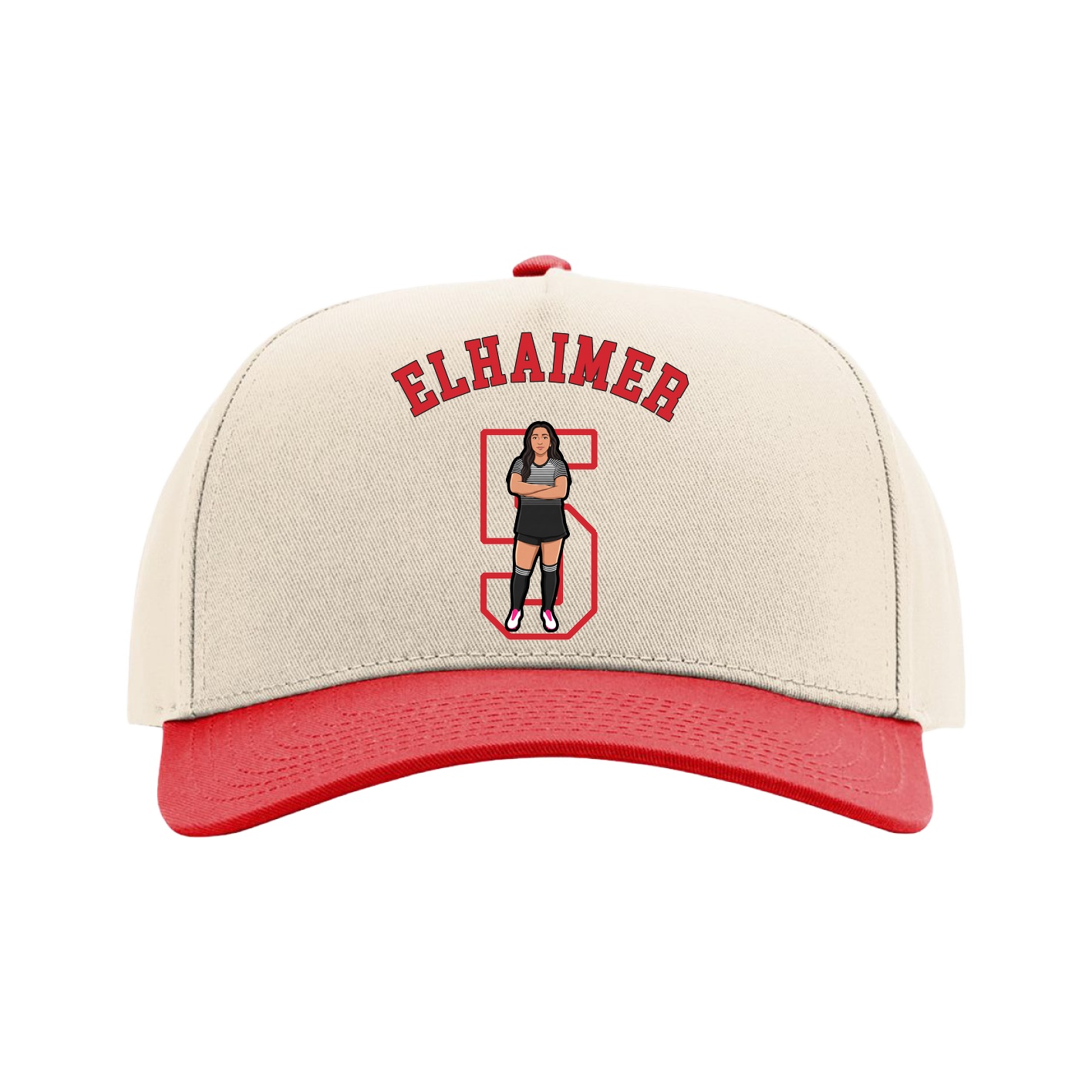 Full Fabric Five-Panel Champ Cap — Shirsey Arch in Cream/Red