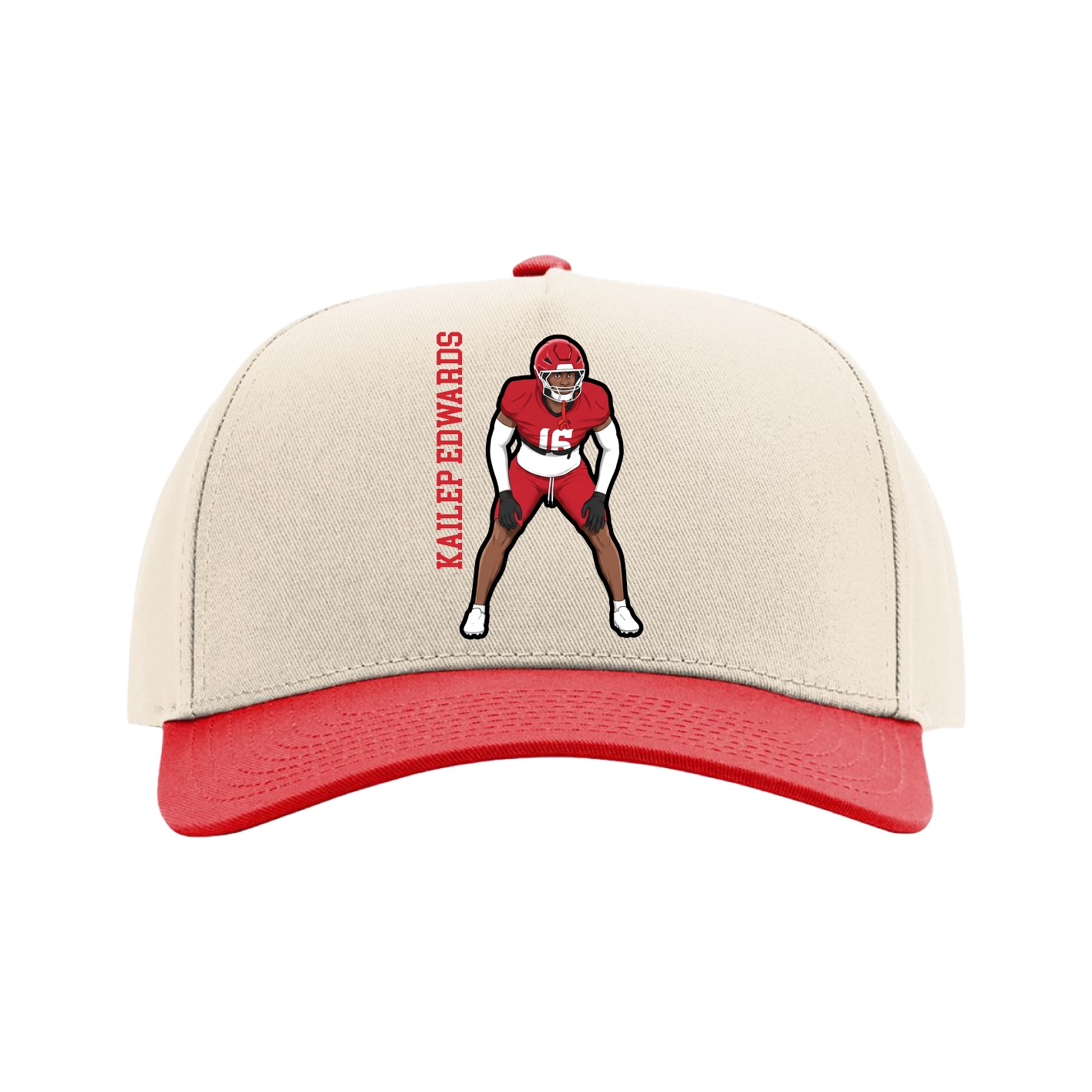 Full Fabric Five-Panel Champ Cap — Name Vertical in Cream/Red