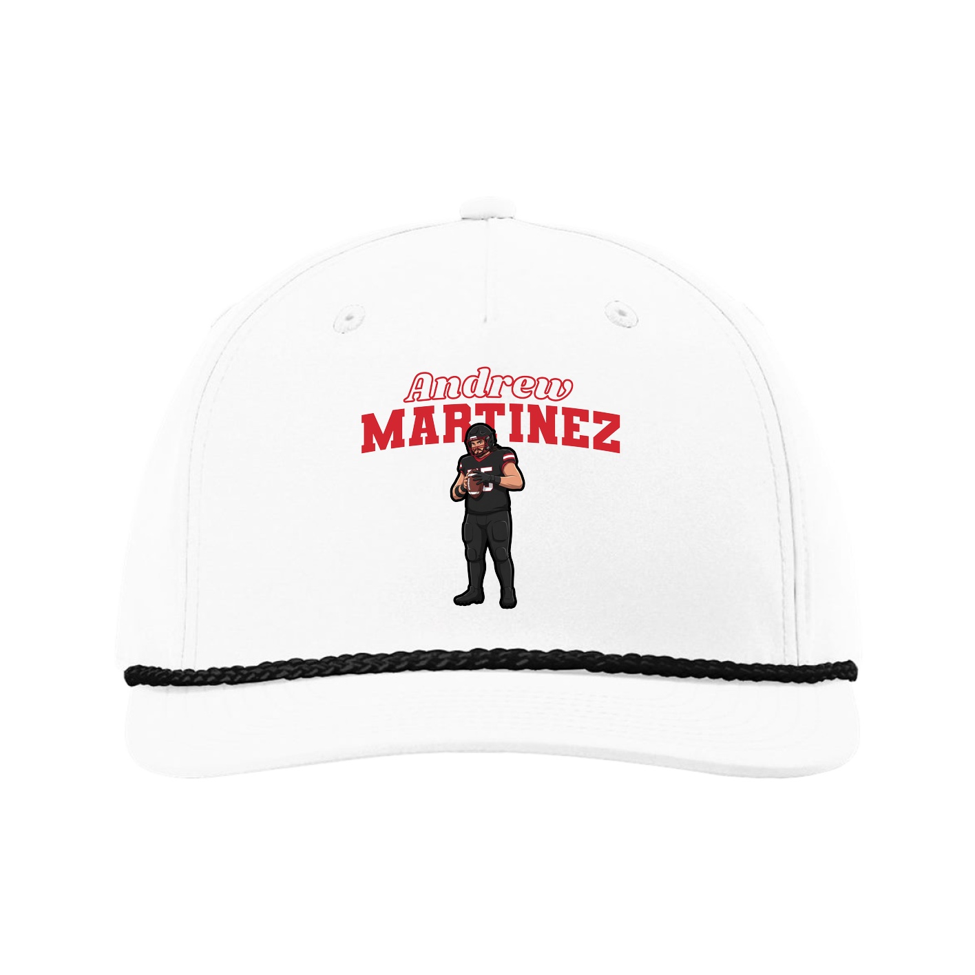 Five-Panel Classic Rope Cap — Name Arch in White