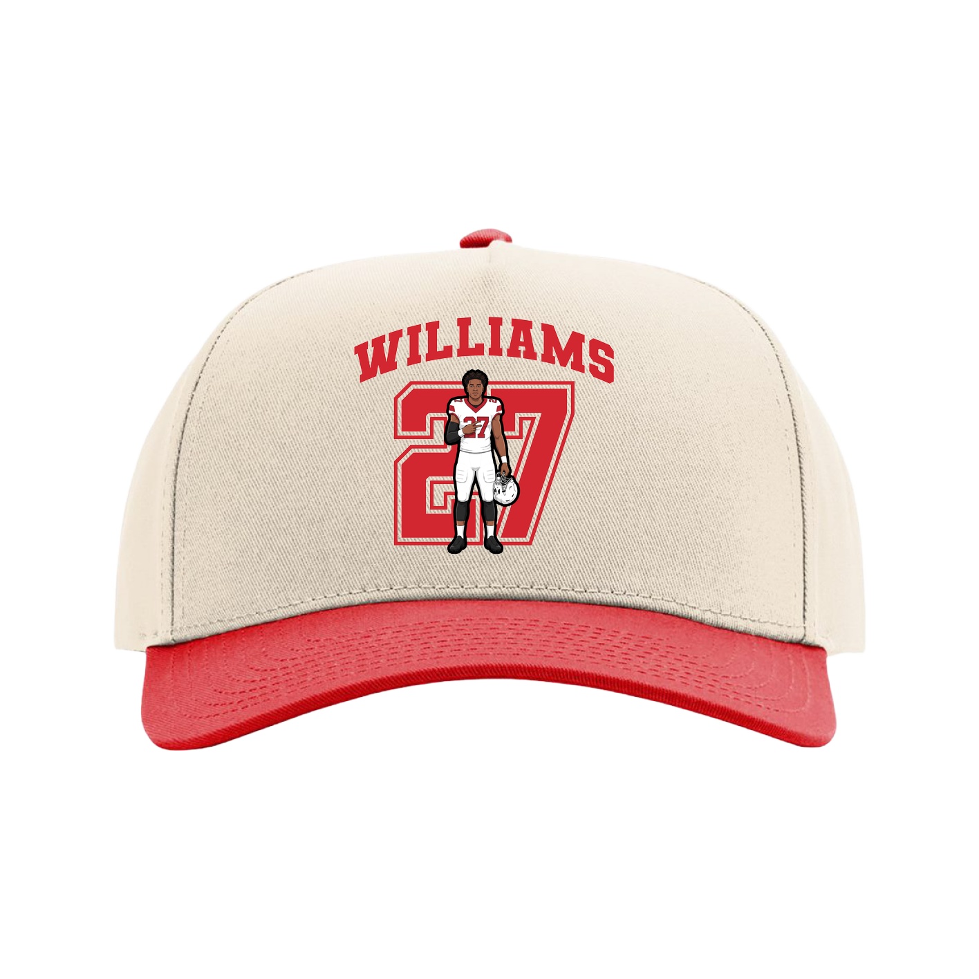 Full Fabric Five-Panel Champ Cap — Number in Cream/Red