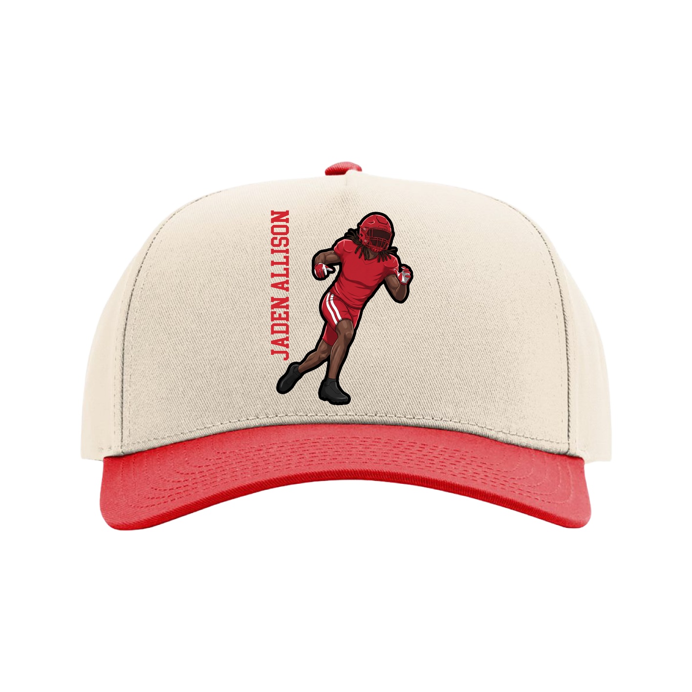 Full Fabric Five-Panel Champ Cap — Name Vertical in Cream/Red
