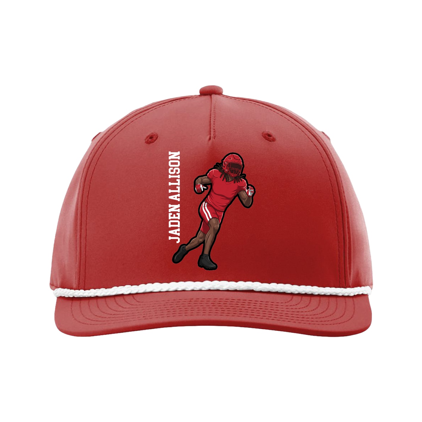 Five-Panel Classic Rope Cap — Name Vertical in Red