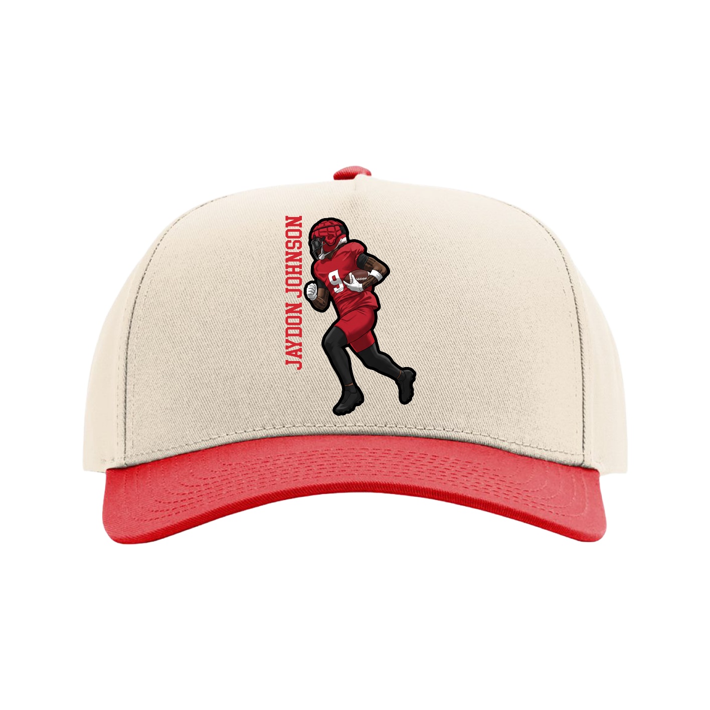 Full Fabric Five-Panel Champ Cap — Name Vertical in Cream/Red