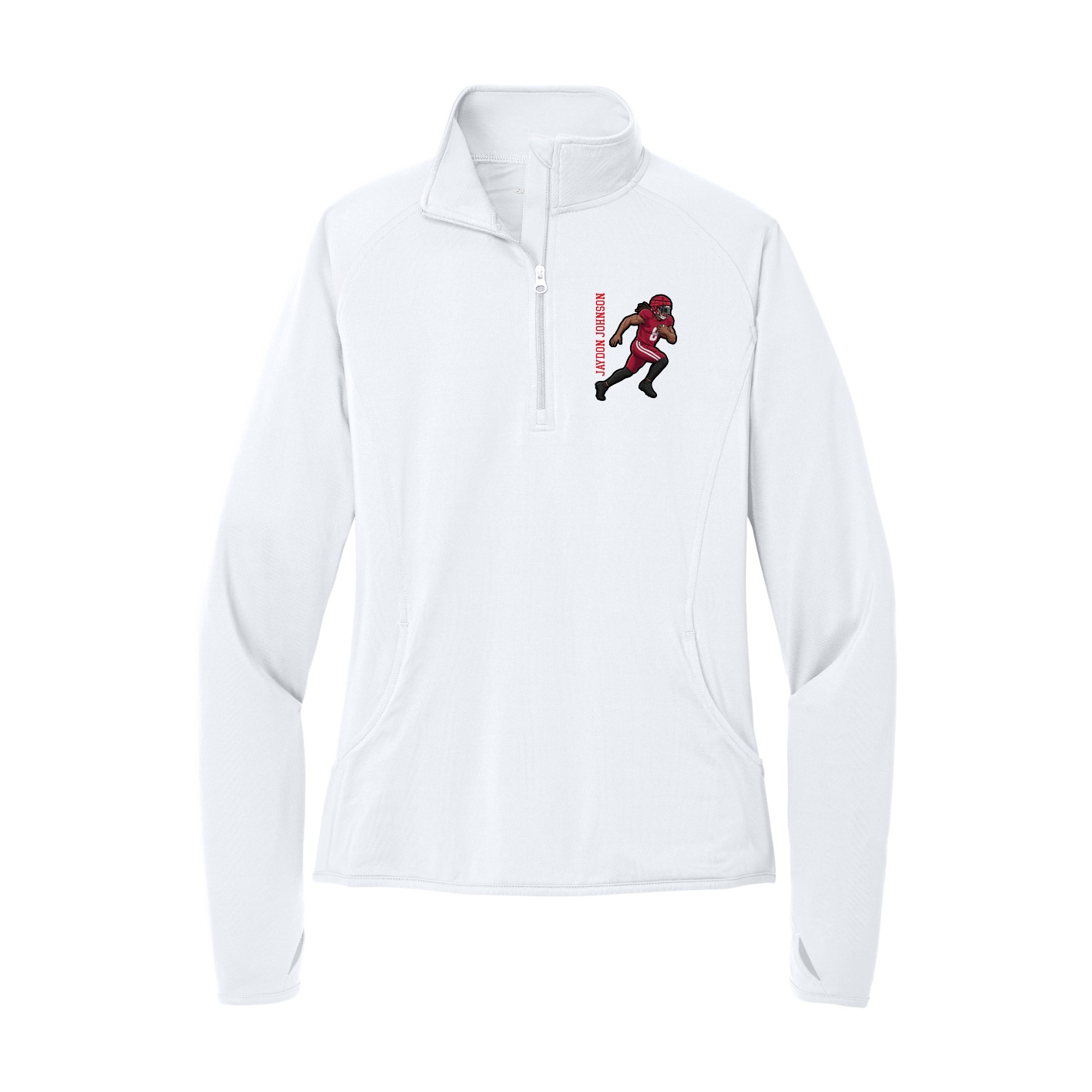 Women's Q-Zip Pullover — Name Vertical in White