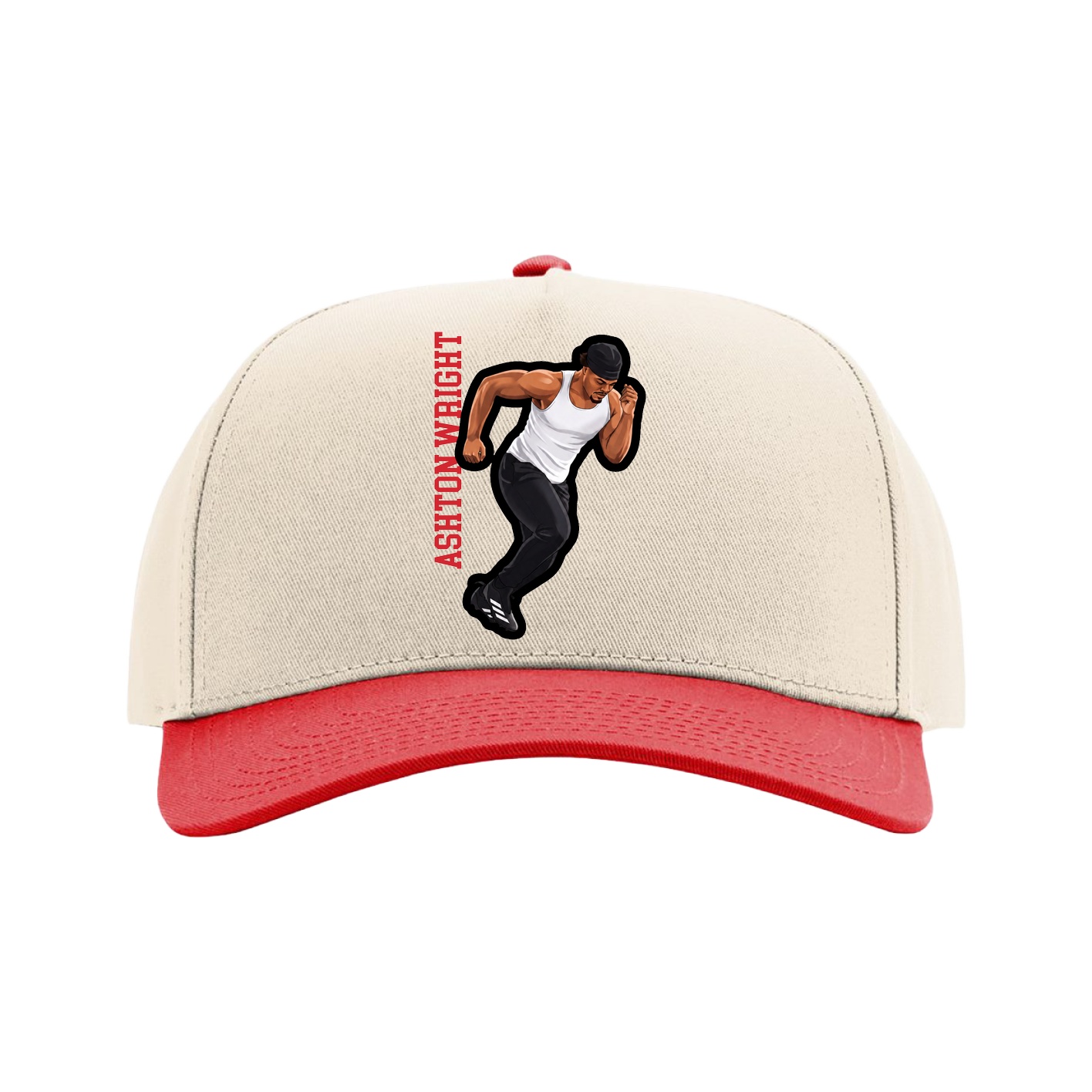 Full Fabric Five-Panel Champ Cap — Name Vertical in Cream/Red