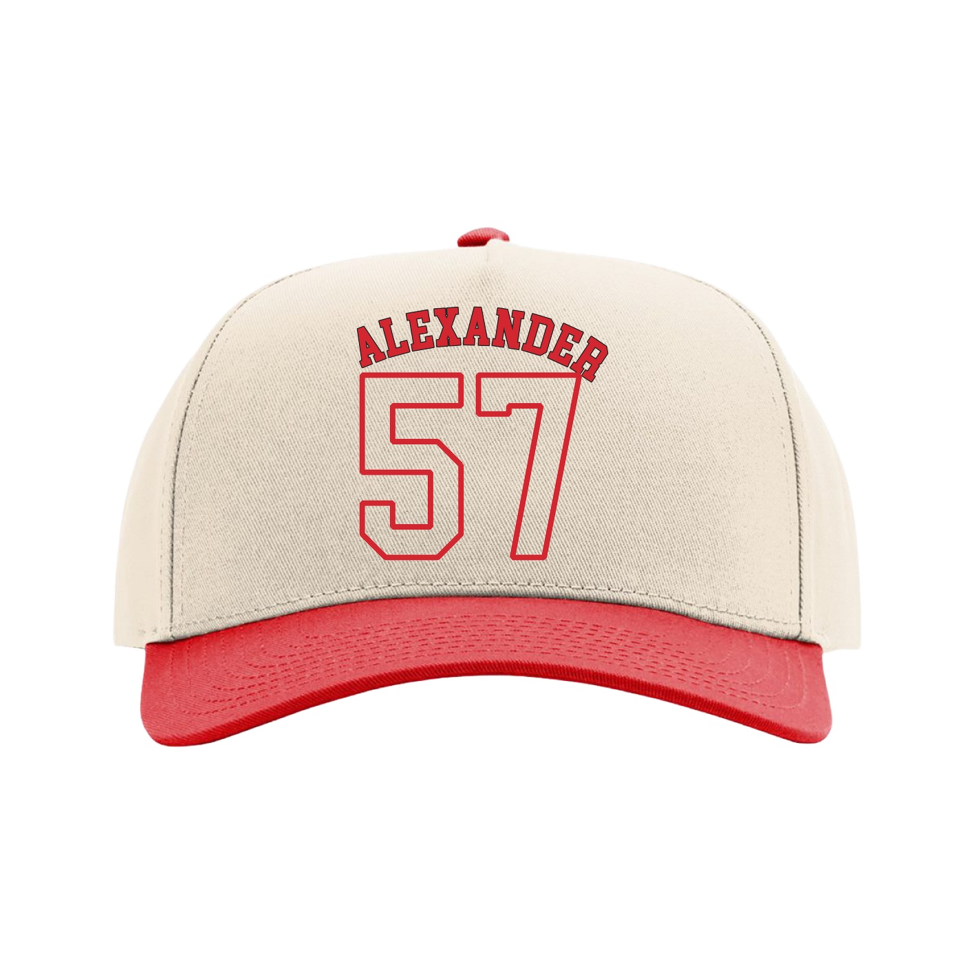 Full Fabric Five-Panel Champ Cap — Shirsey Arch in Cream/Red
