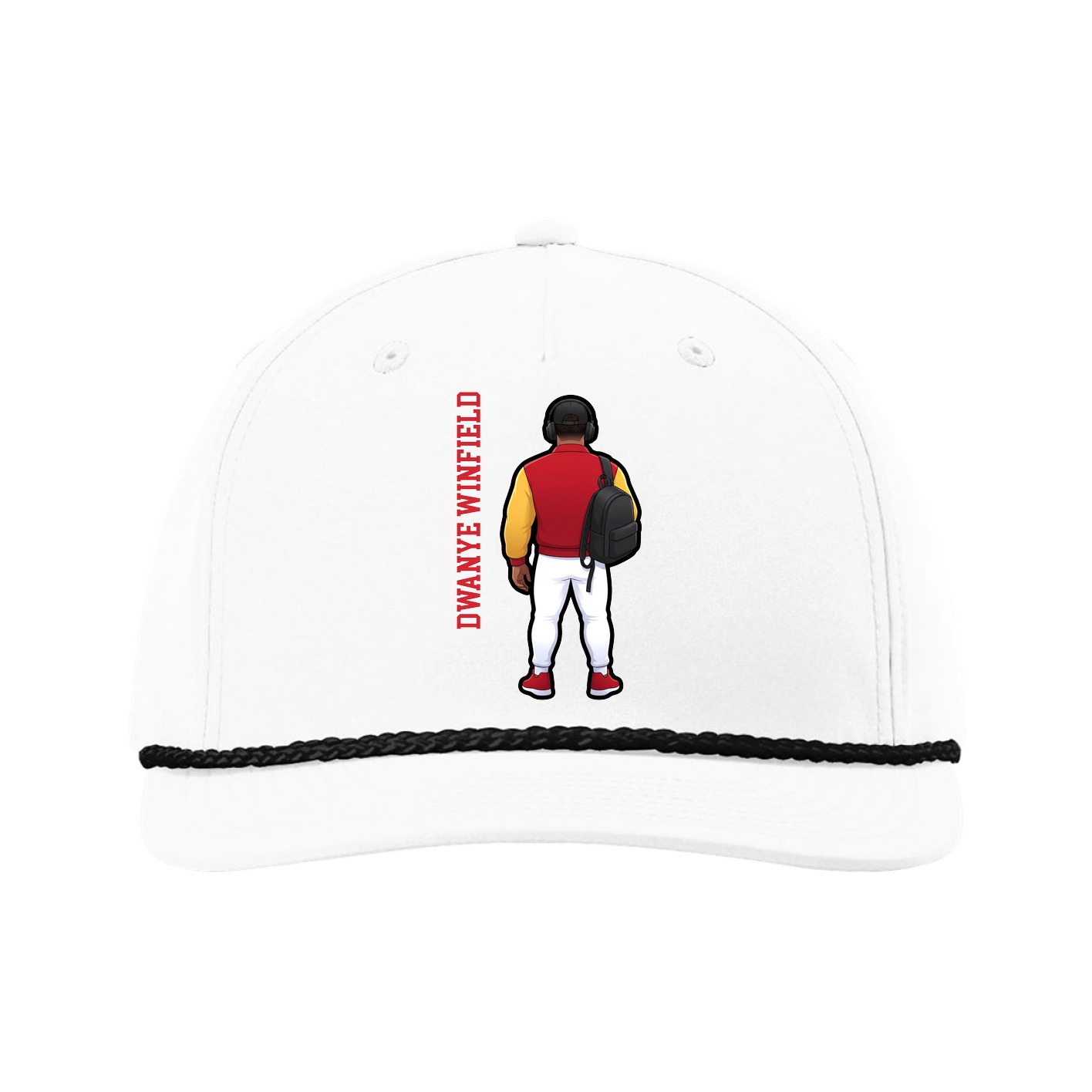 Five-Panel Classic Rope Cap — Name Vertical in White
