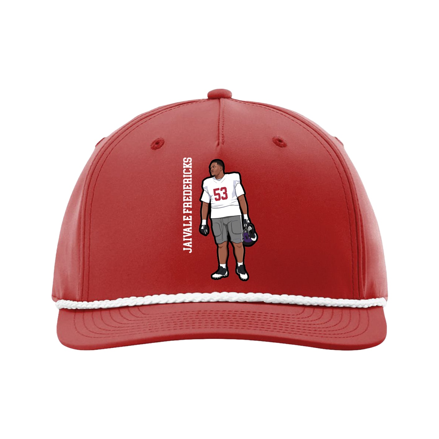 Five-Panel Classic Rope Cap — Name Vertical in Red