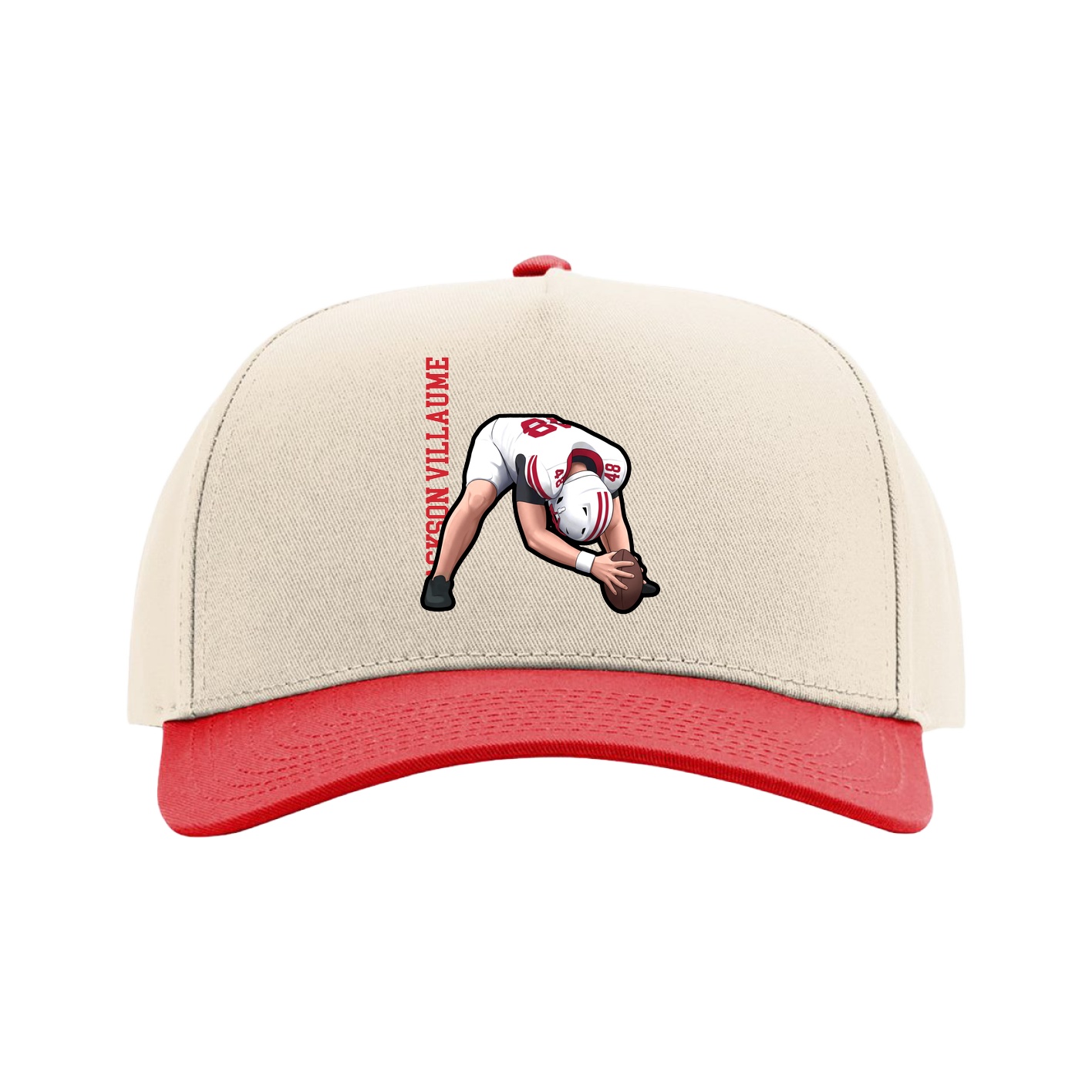 Full Fabric Five-Panel Champ Cap — Name Vertical in Cream/Red