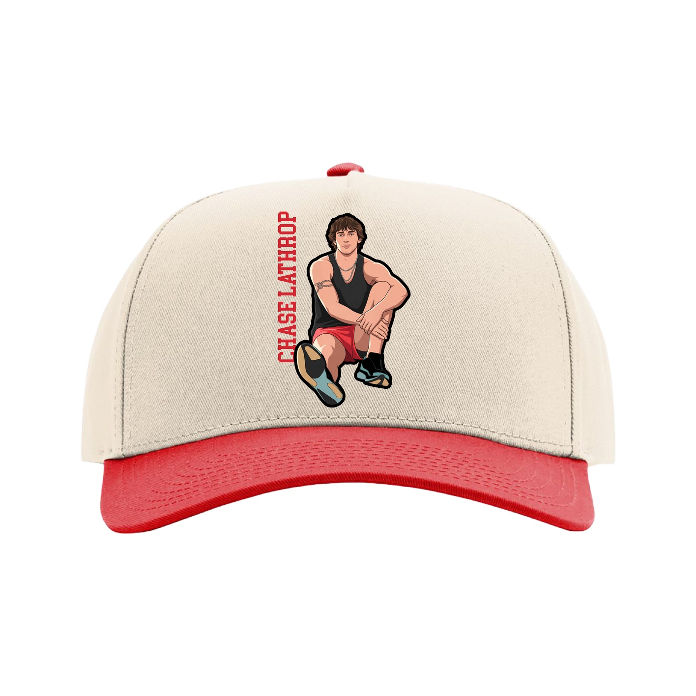 Full Fabric Five-Panel Champ Cap — Name Vertical in Cream/Red