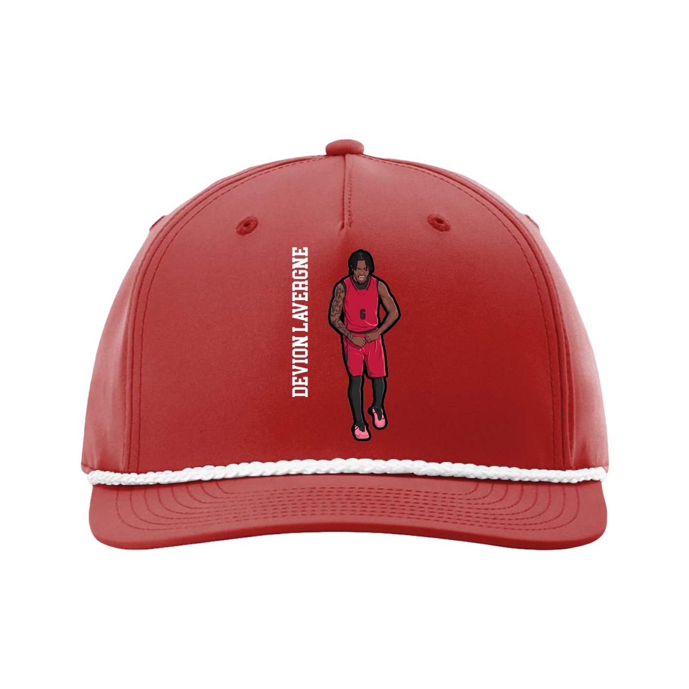 Five-Panel Classic Rope Cap — Name Vertical in Red