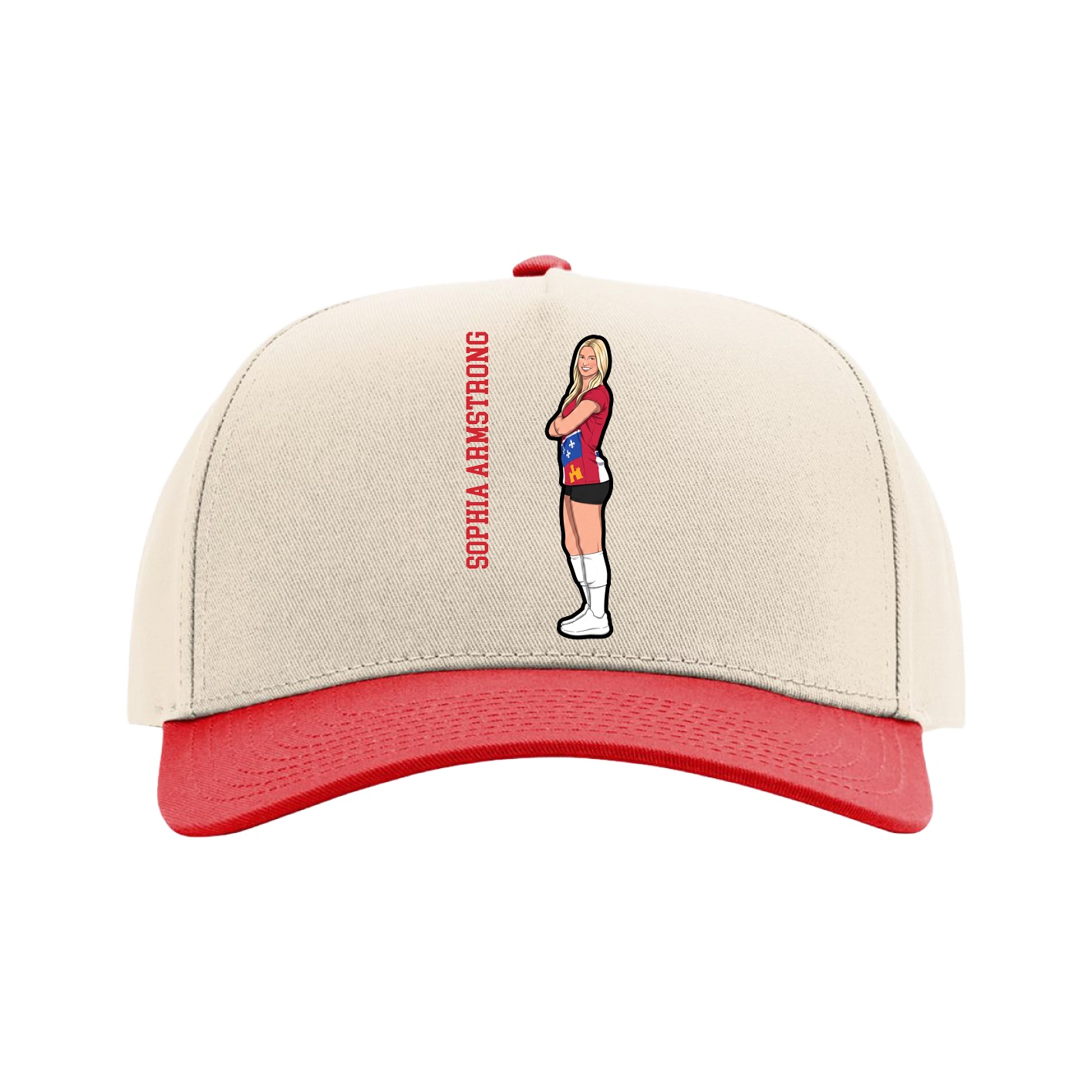 Full Fabric Five-Panel Champ Cap — Name Vertical in Cream/Red
