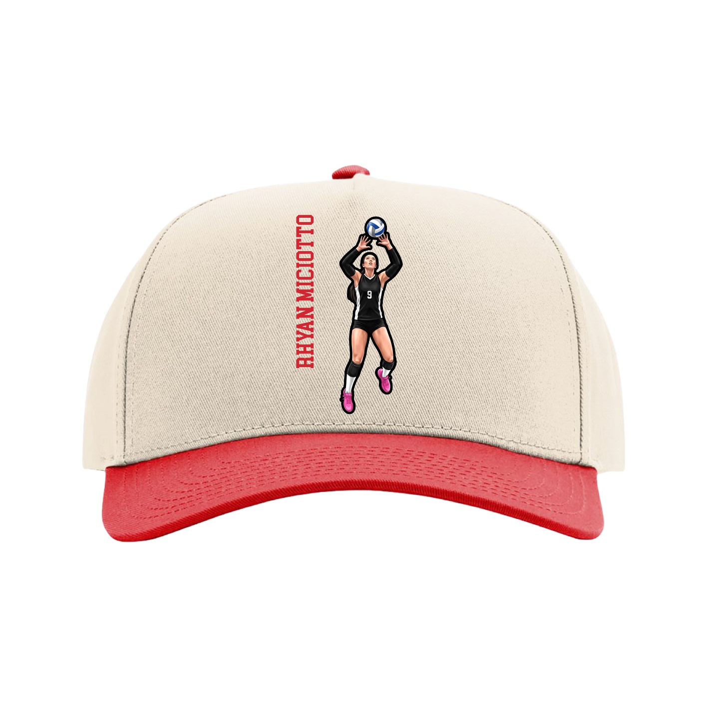 Full Fabric Five-Panel Champ Cap — Name Vertical in Cream/Red