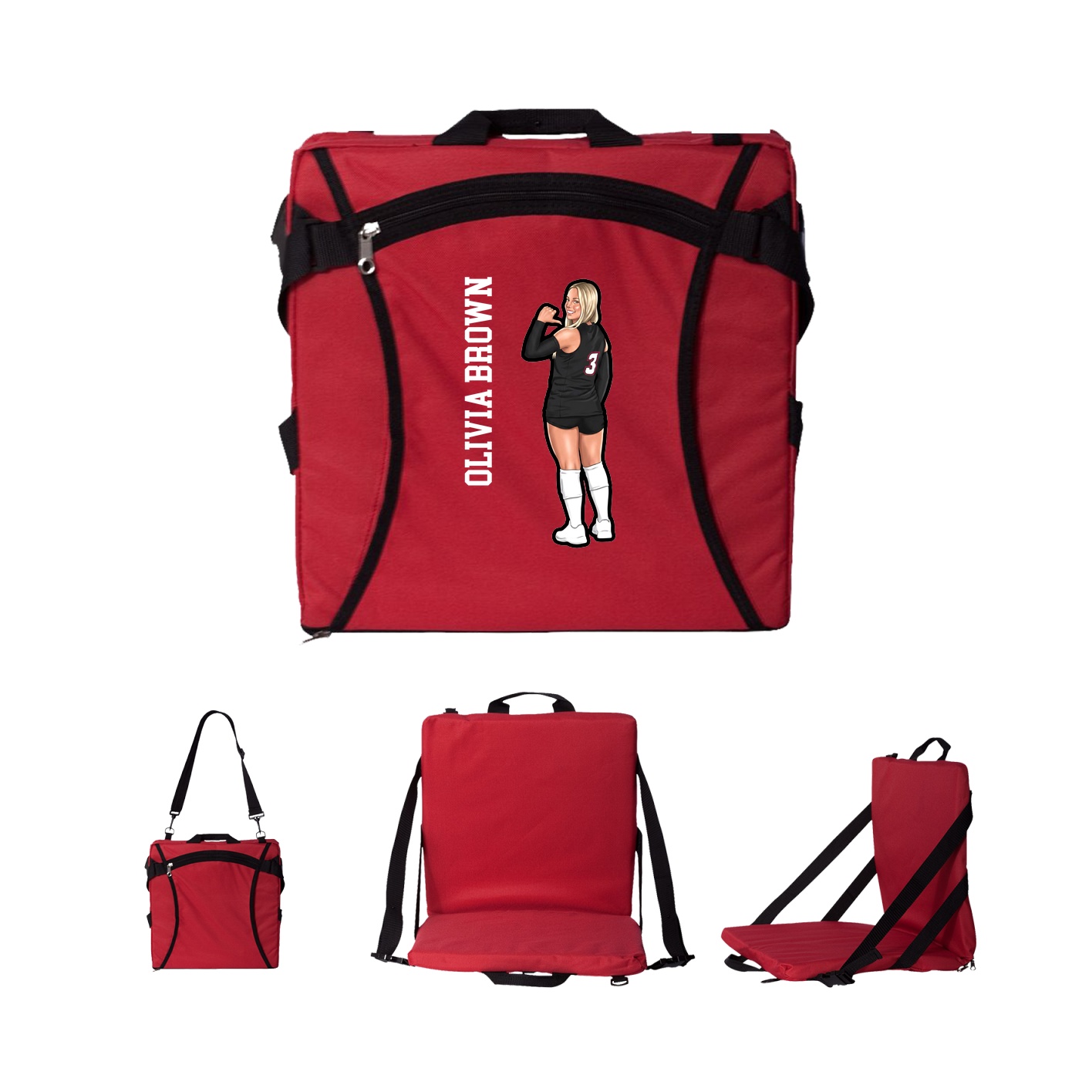 Folding Stadium Seat — Name Vertical in Red