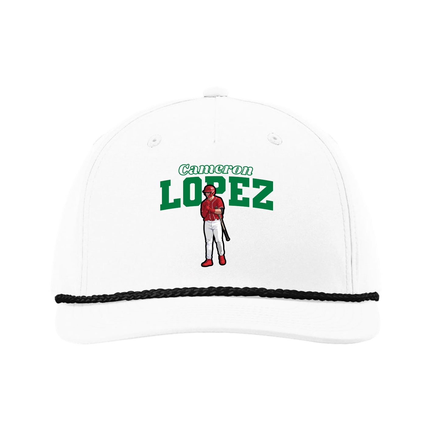 Five-Panel Classic Rope Cap — Name Arch in White