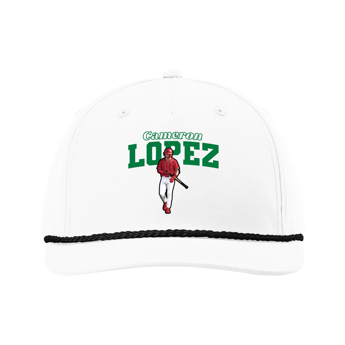 Five-Panel Classic Rope Cap — Name Arch in White