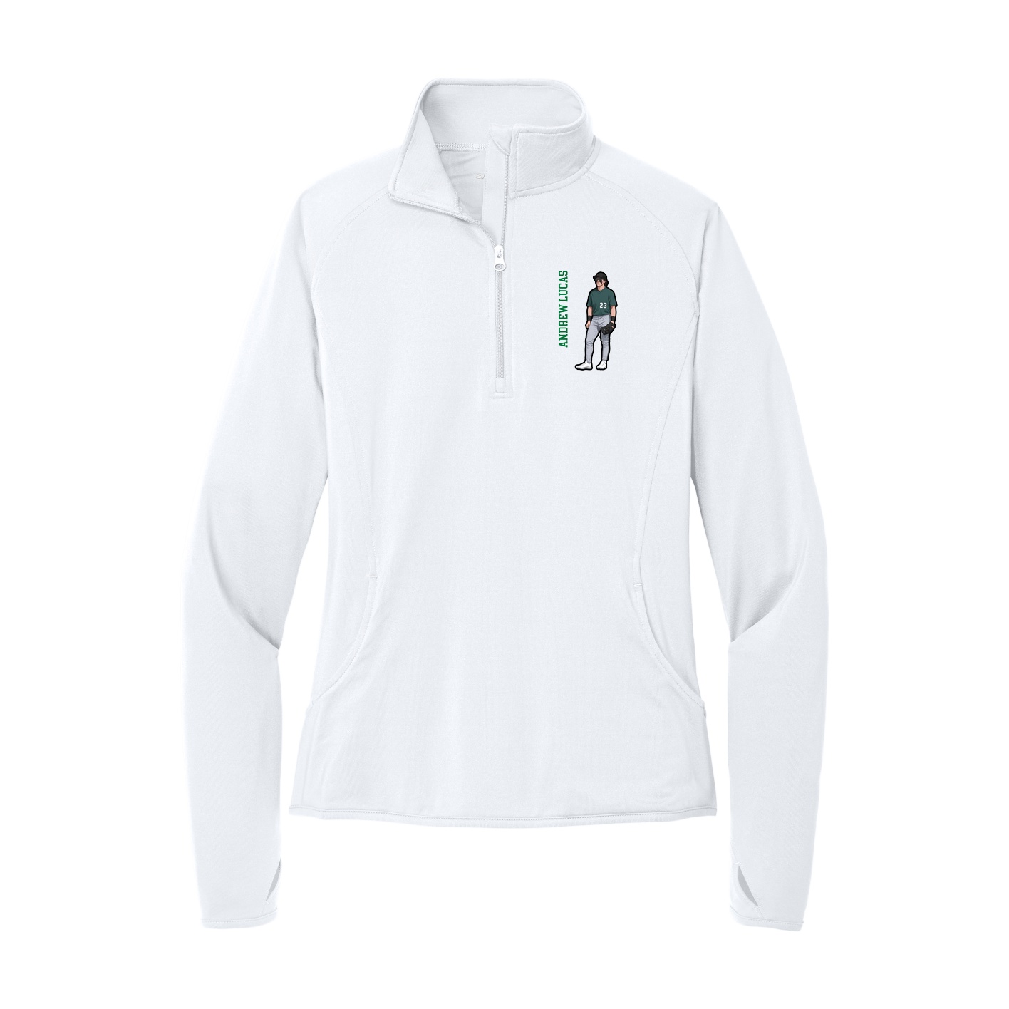 Women's Q-Zip Pullover — Name Vertical in White