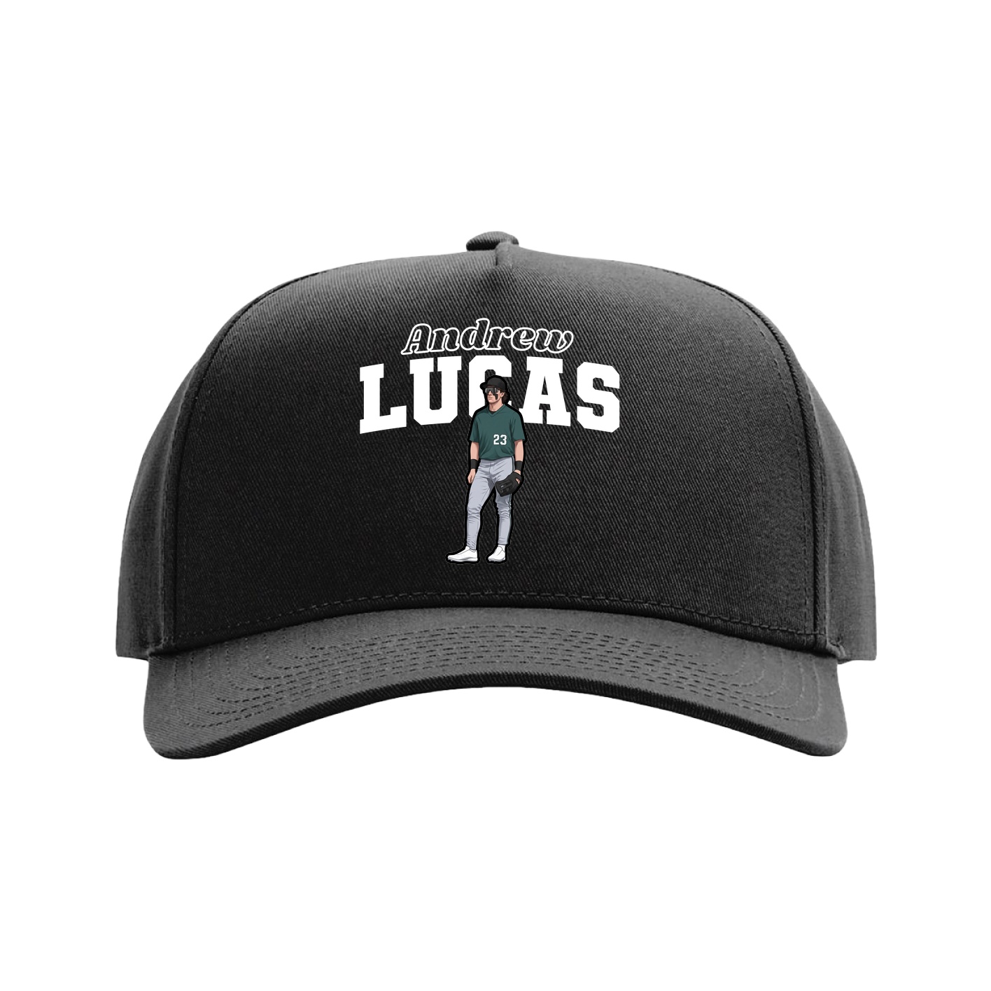 Full Fabric Five-Panel Champ Cap — Name Arch in Black