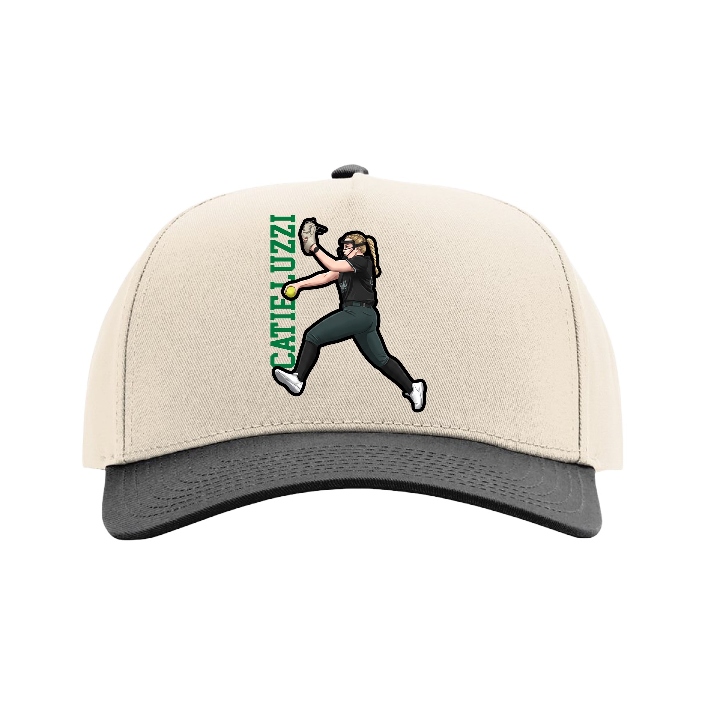 Full Fabric Five-Panel Champ Cap — Name Vertical in Cream/Black