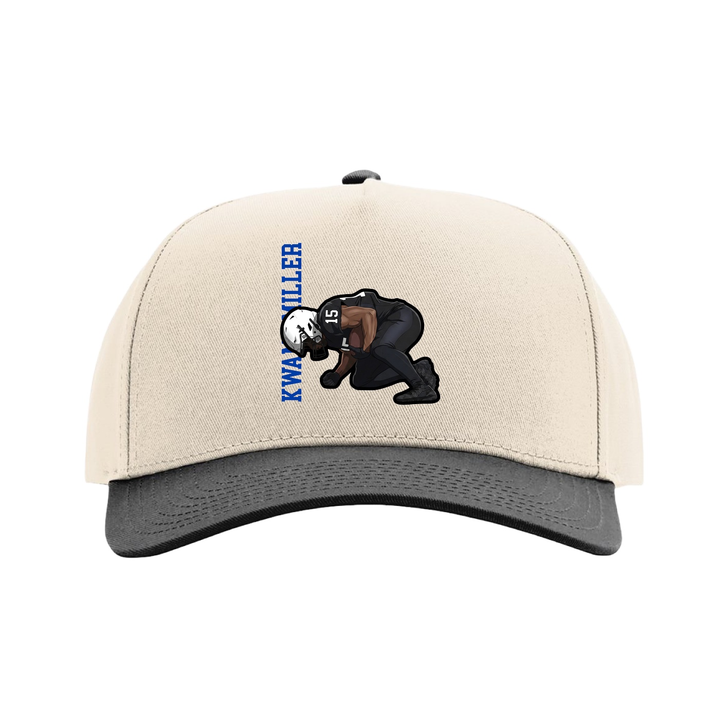 Full Fabric Five-Panel Champ Cap — Name Vertical in Cream/Black
