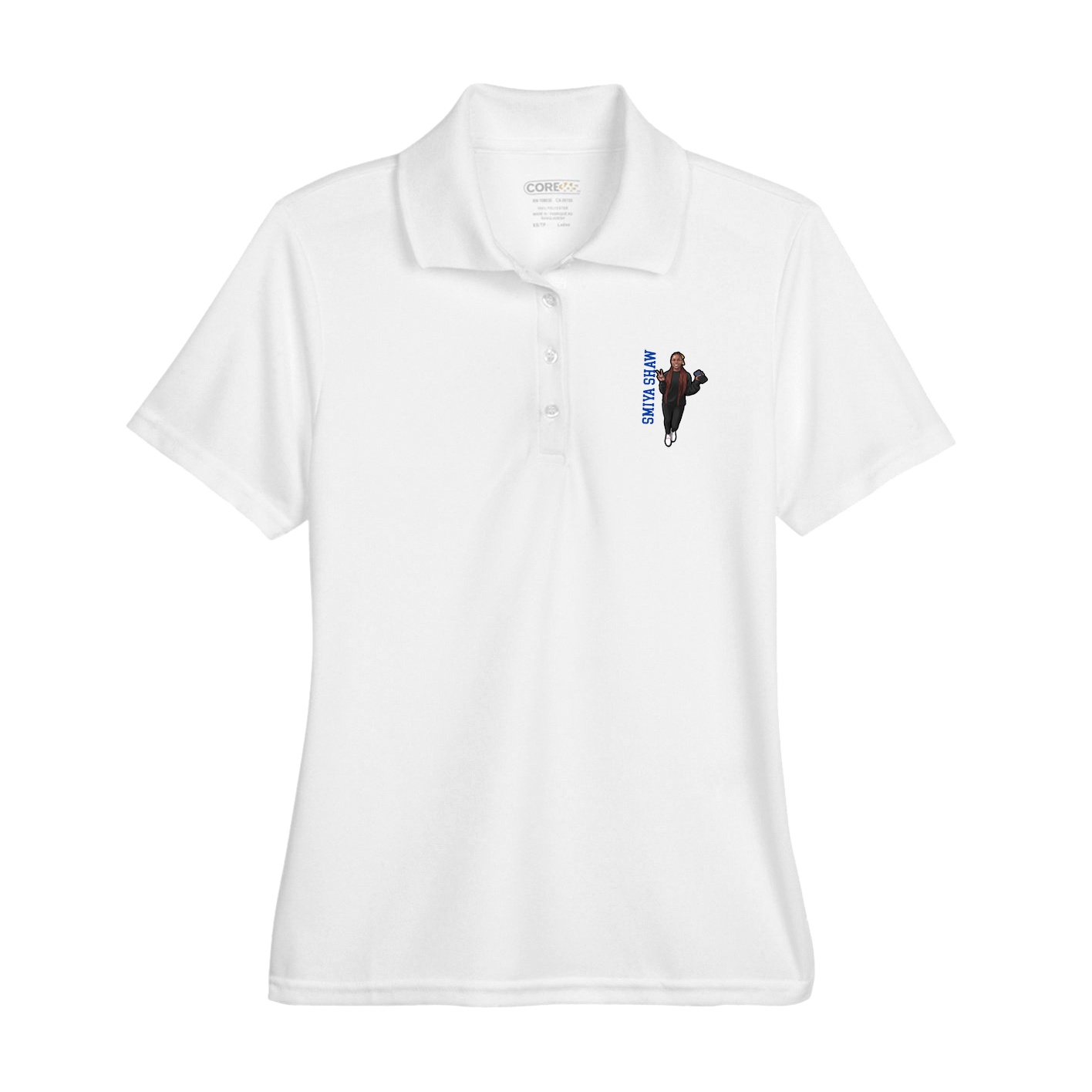 Womens Performance Polo — Name Vertical in White