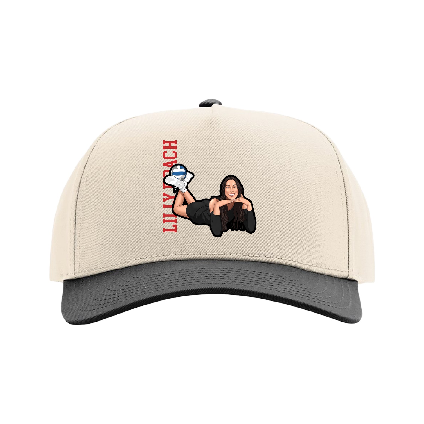 Full Fabric Five-Panel Champ Cap — Name Vertical in Cream/Black