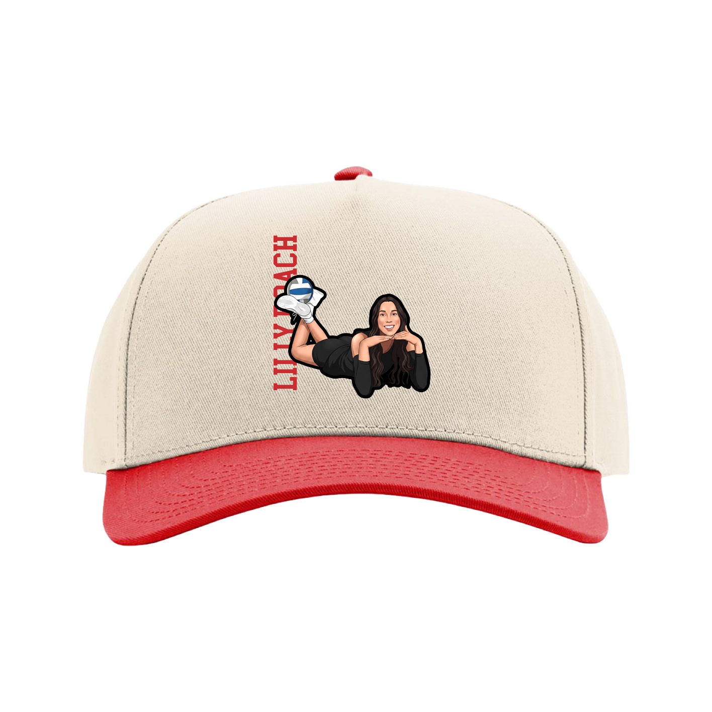 Full Fabric Five-Panel Champ Cap — Name Vertical in Cream/Red