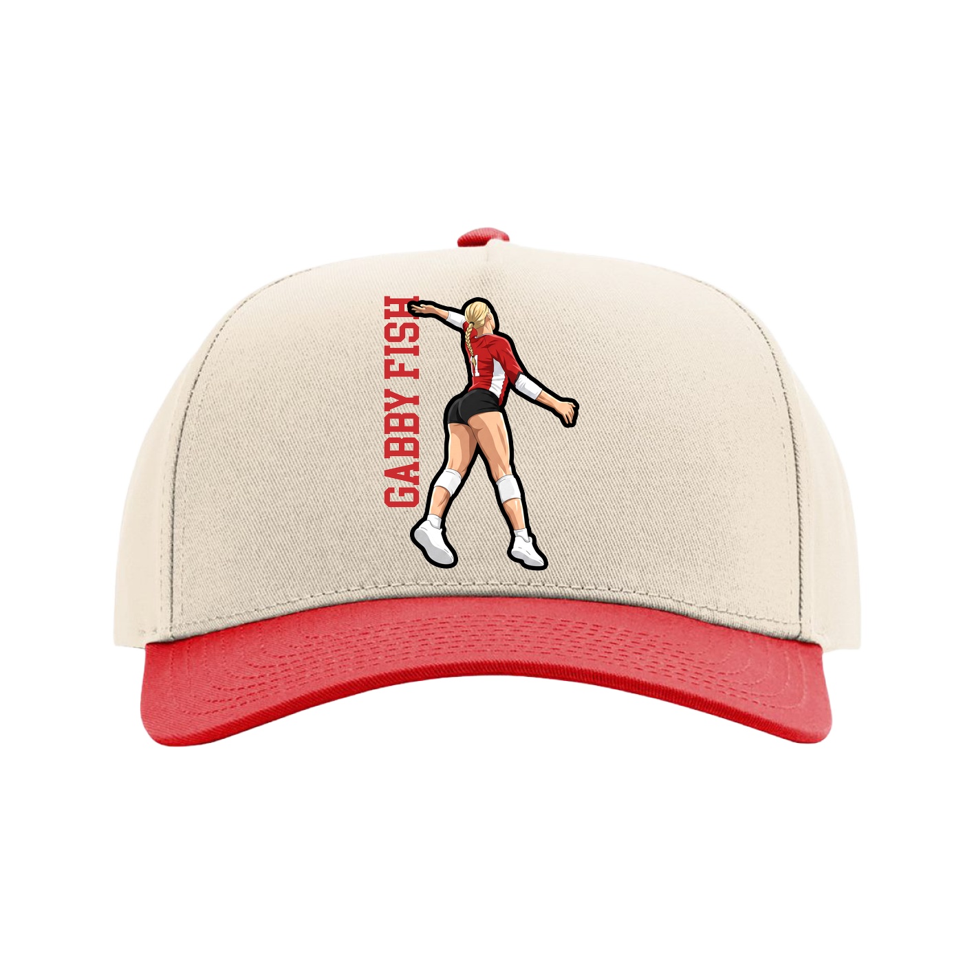 Full Fabric Five-Panel Champ Cap — Name Vertical in Cream/Red