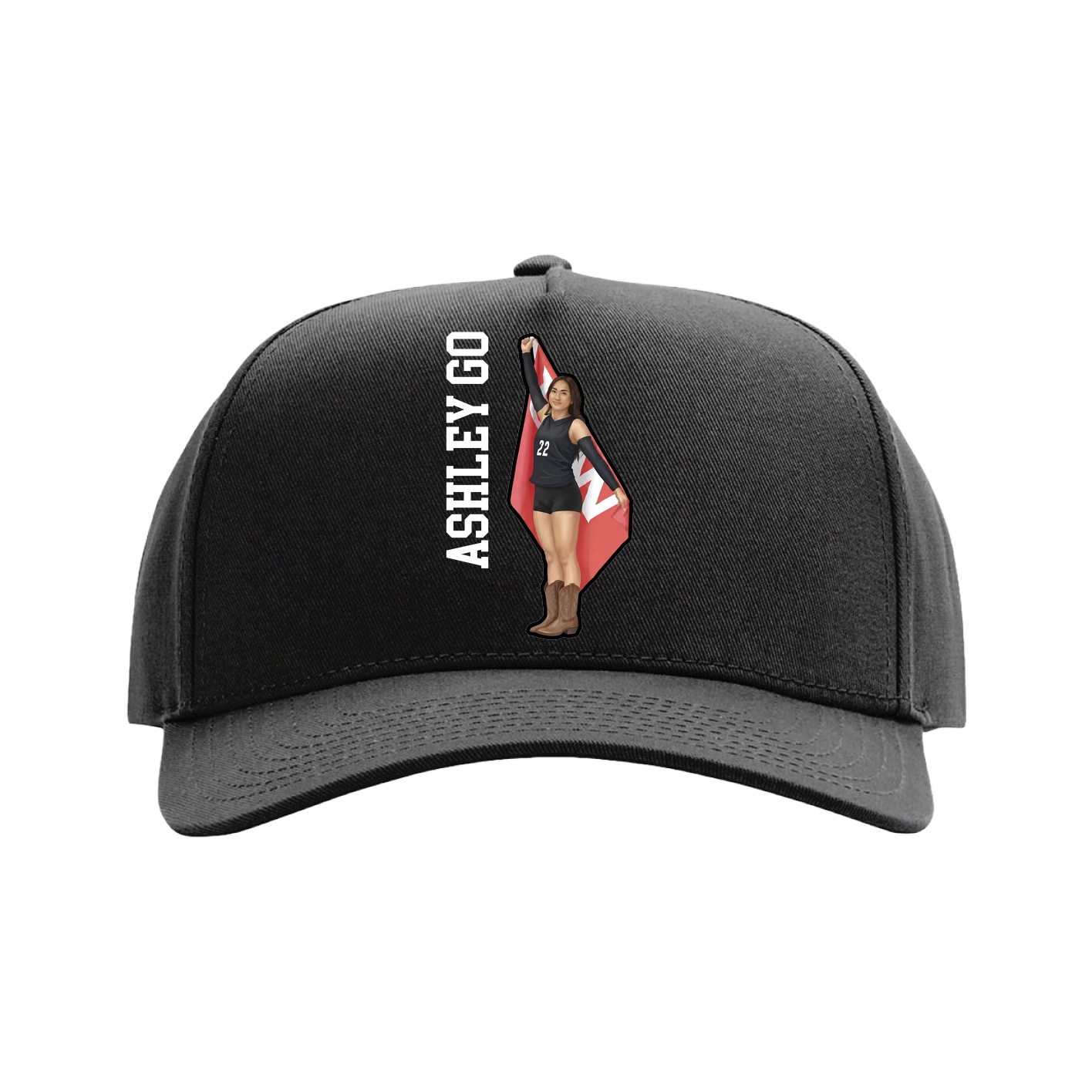 Full Fabric Five-Panel Champ Cap — Name Vertical in Black