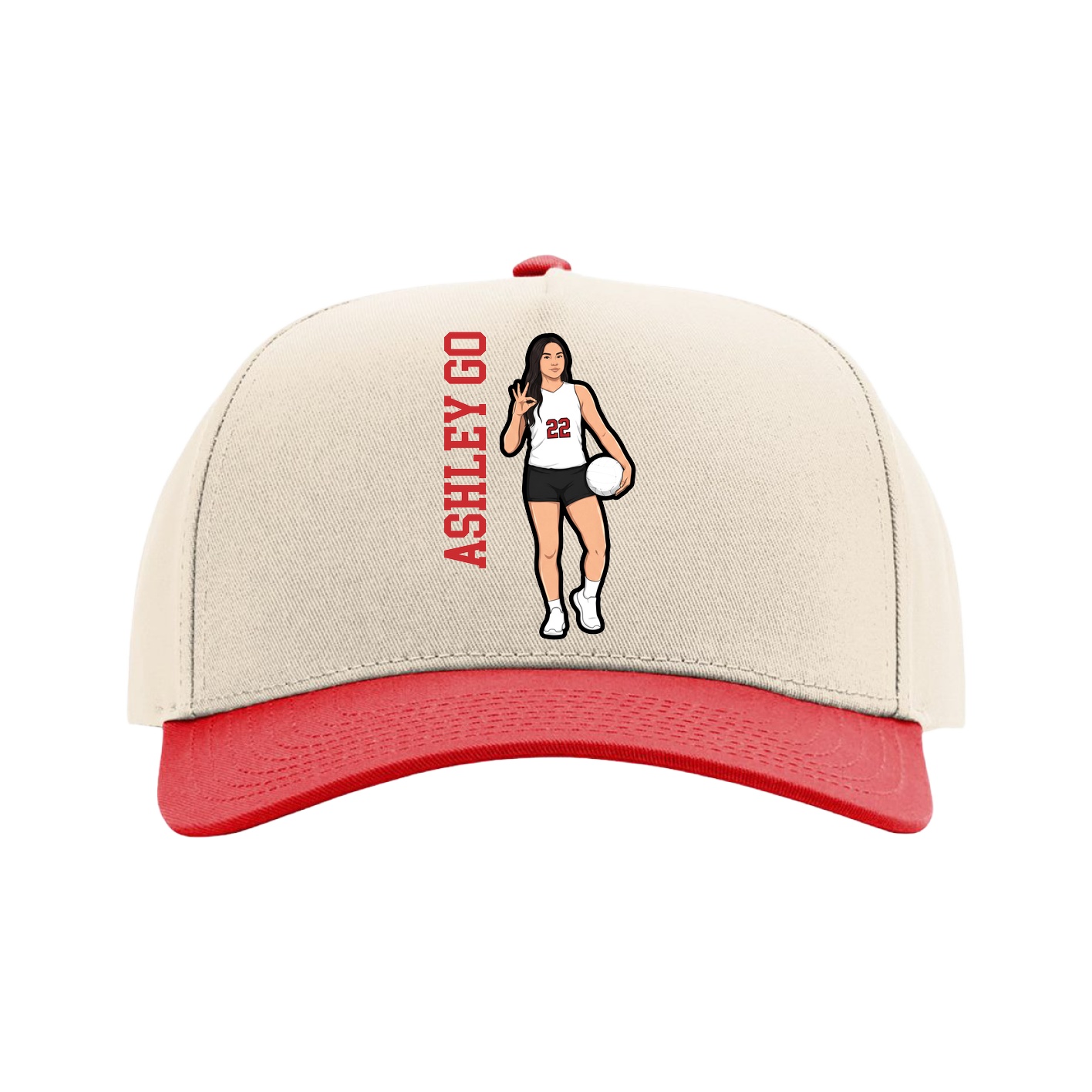 Full Fabric Five-Panel Champ Cap — Name Vertical in Cream/Red