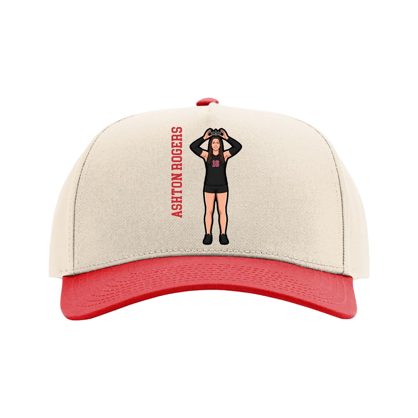 Full Fabric Five-Panel Champ Cap — Name Vertical in Cream/Red