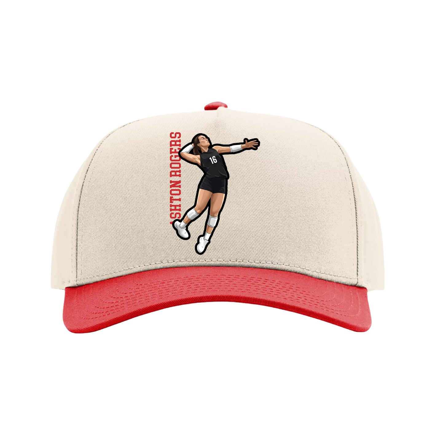 Full Fabric Five-Panel Champ Cap — Name Vertical in Cream/Red