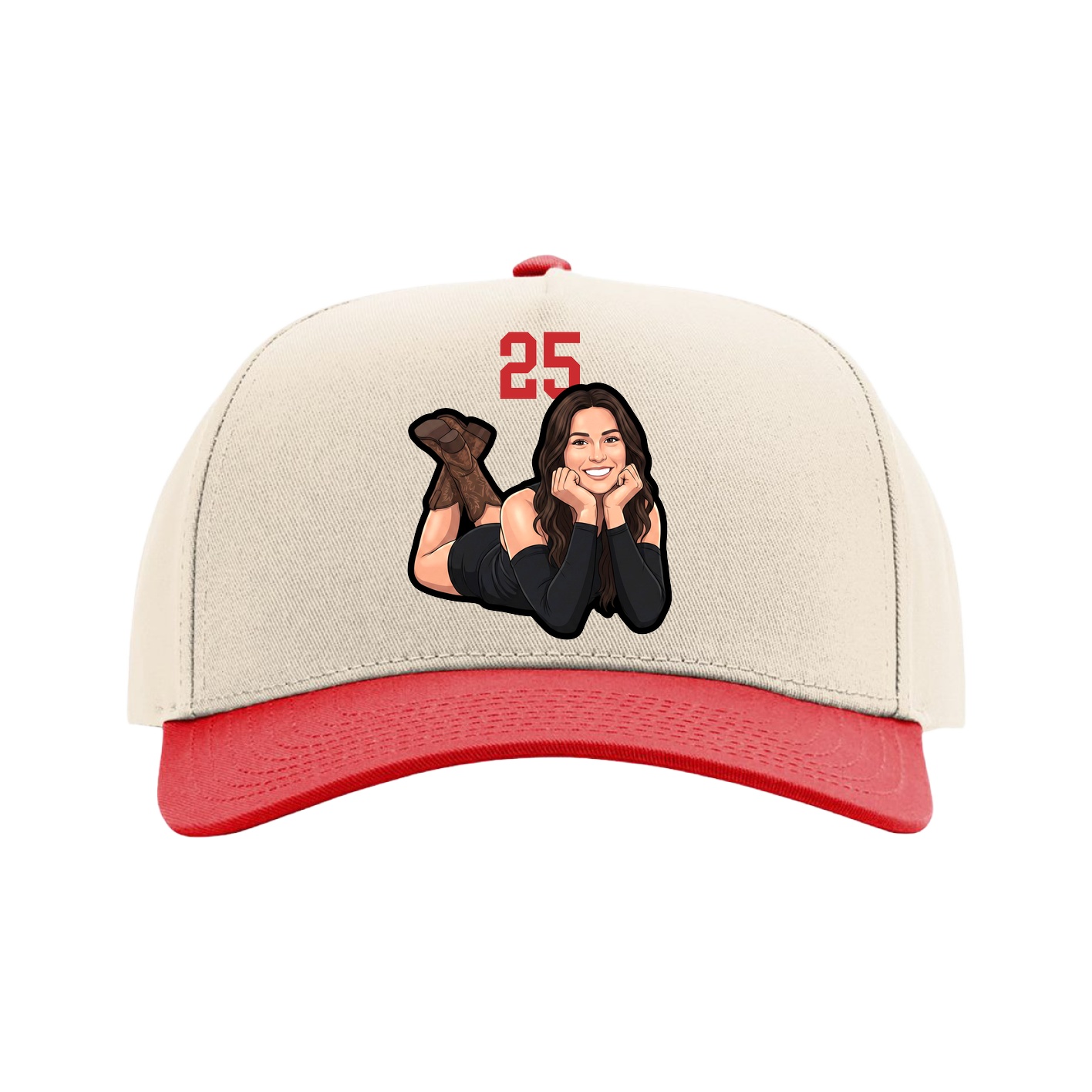 Full Fabric Five-Panel Champ Cap — Number Top in Cream/Red