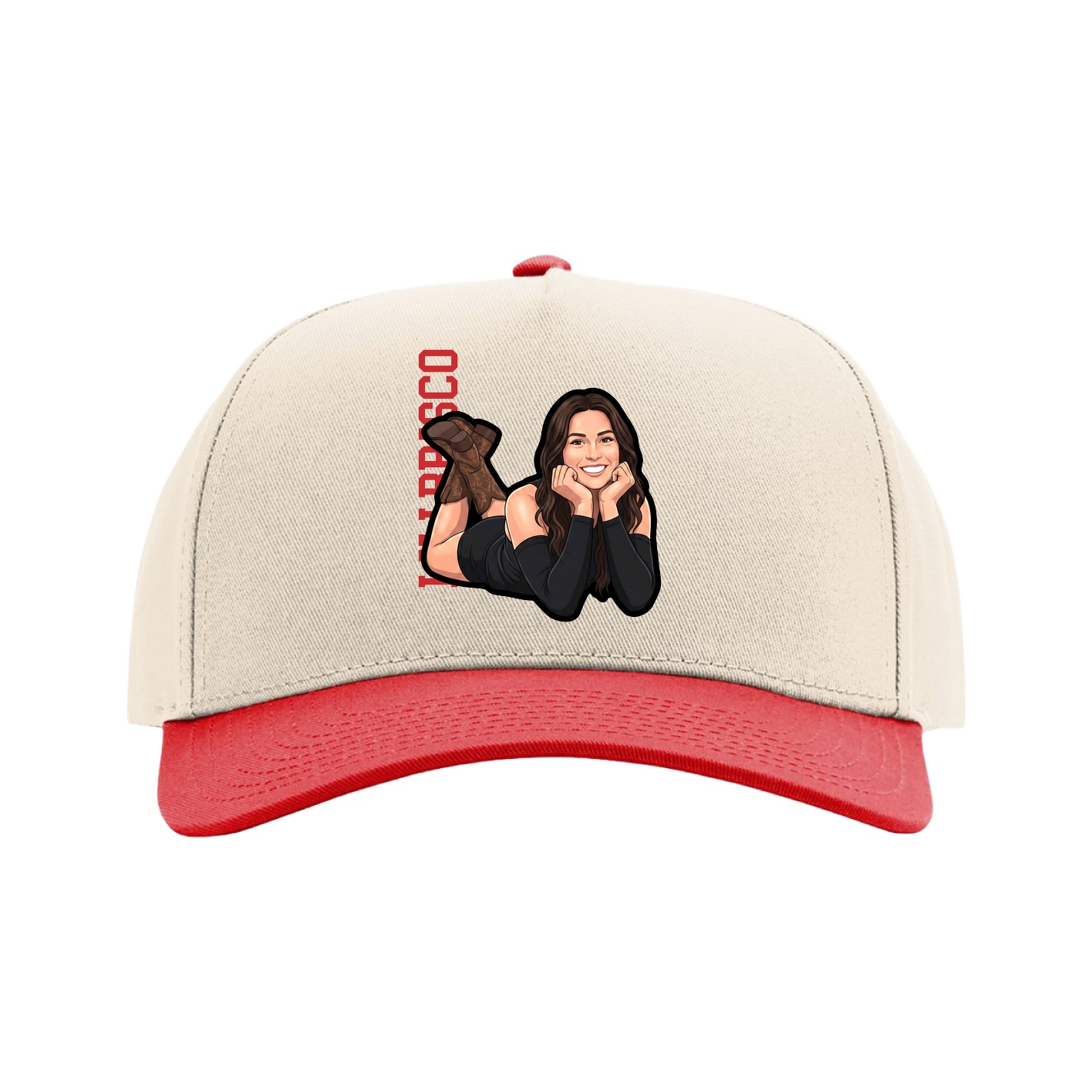 Full Fabric Five-Panel Champ Cap — Name Vertical in Cream/Red