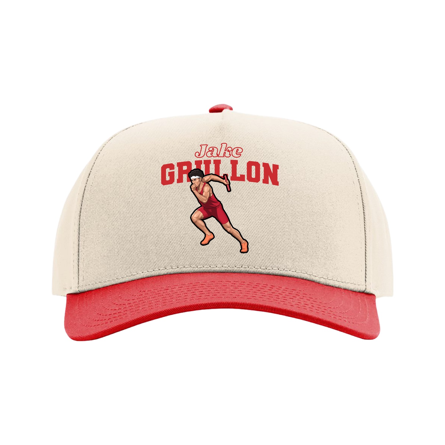 Full Fabric Five-Panel Champ Cap — Name Arch in Cream/Red