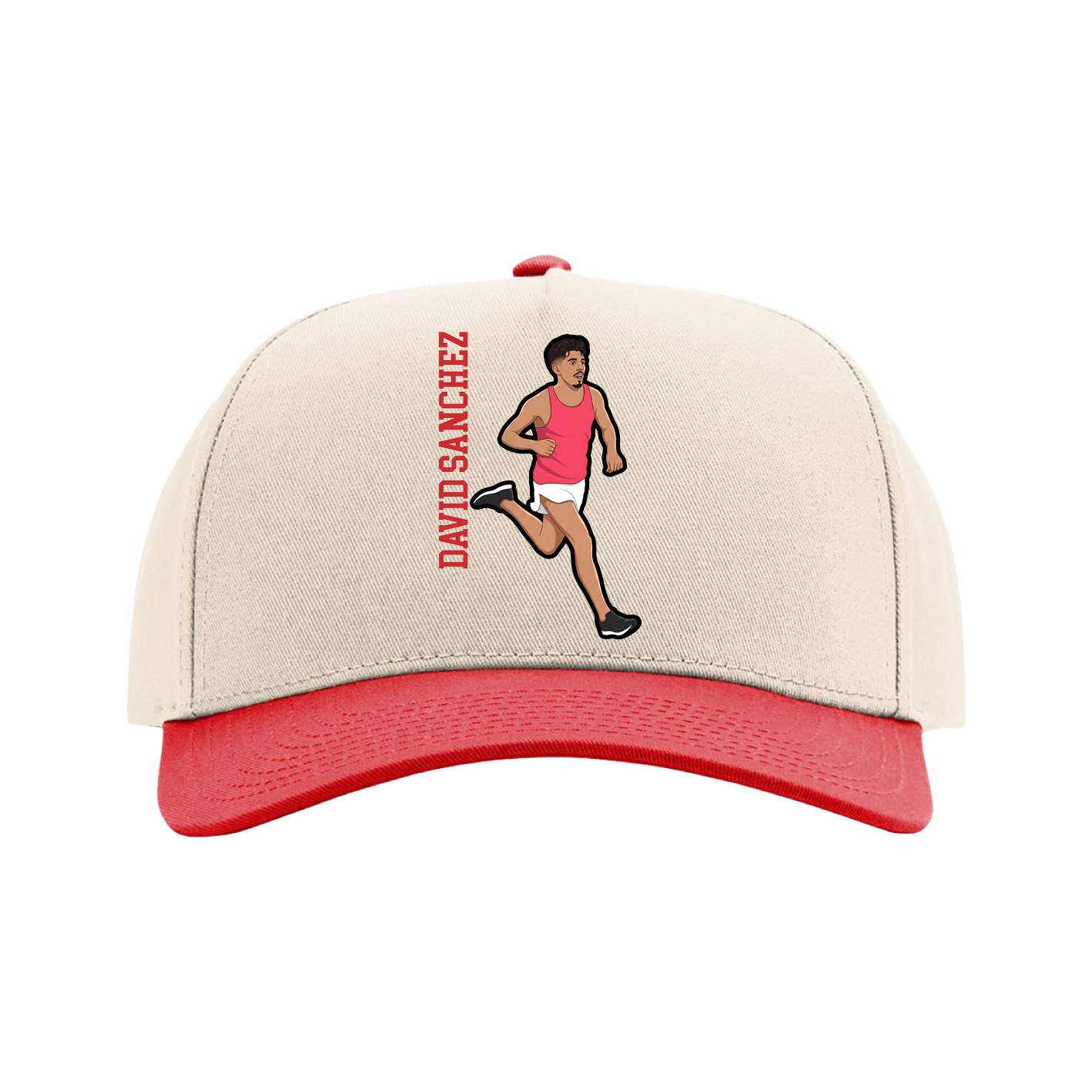 Full Fabric Five-Panel Champ Cap — Name Vertical in Cream/Red