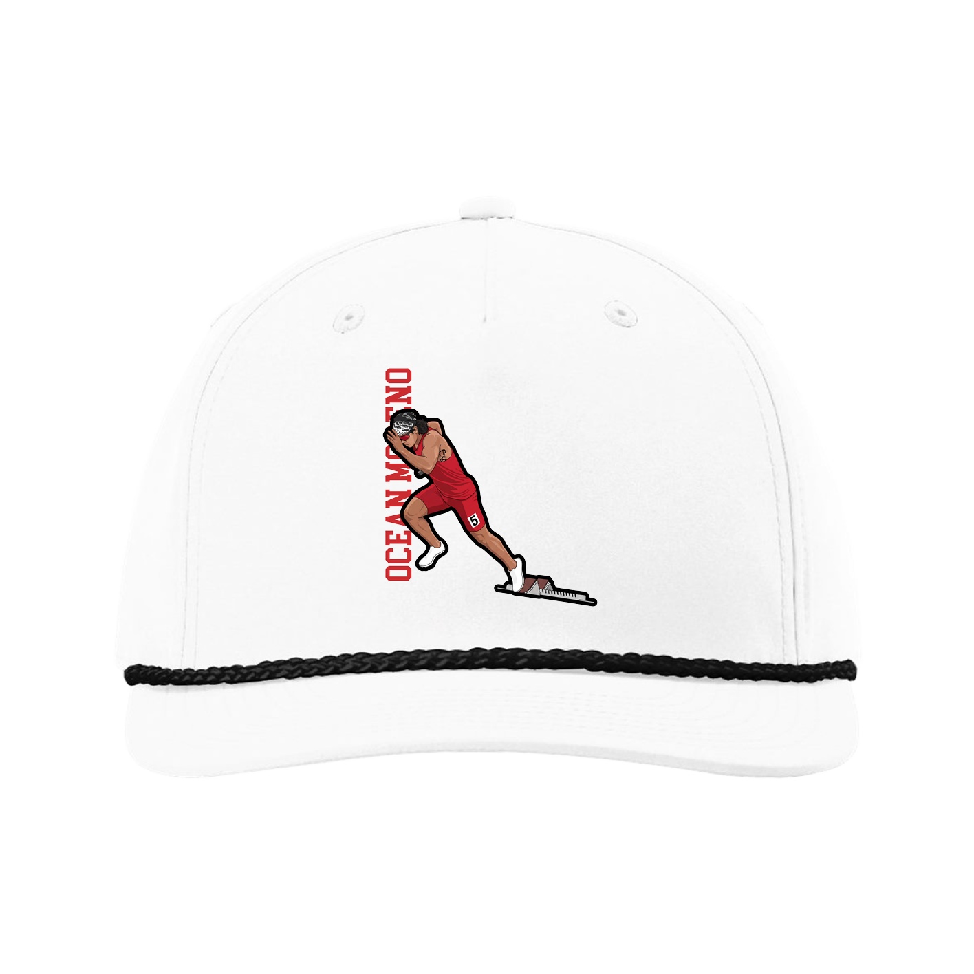 Five-Panel Classic Rope Cap — Name Vertical in White