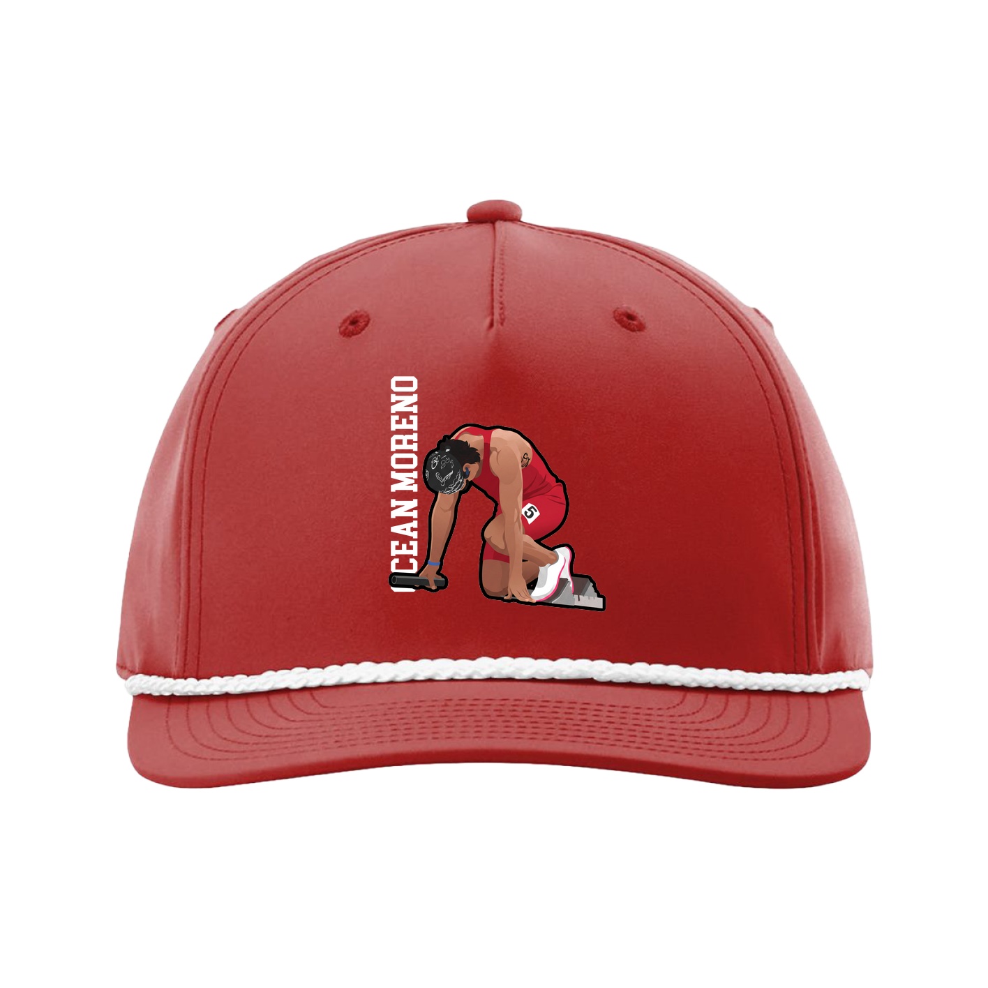 Five-Panel Classic Rope Cap — Name Vertical in Red